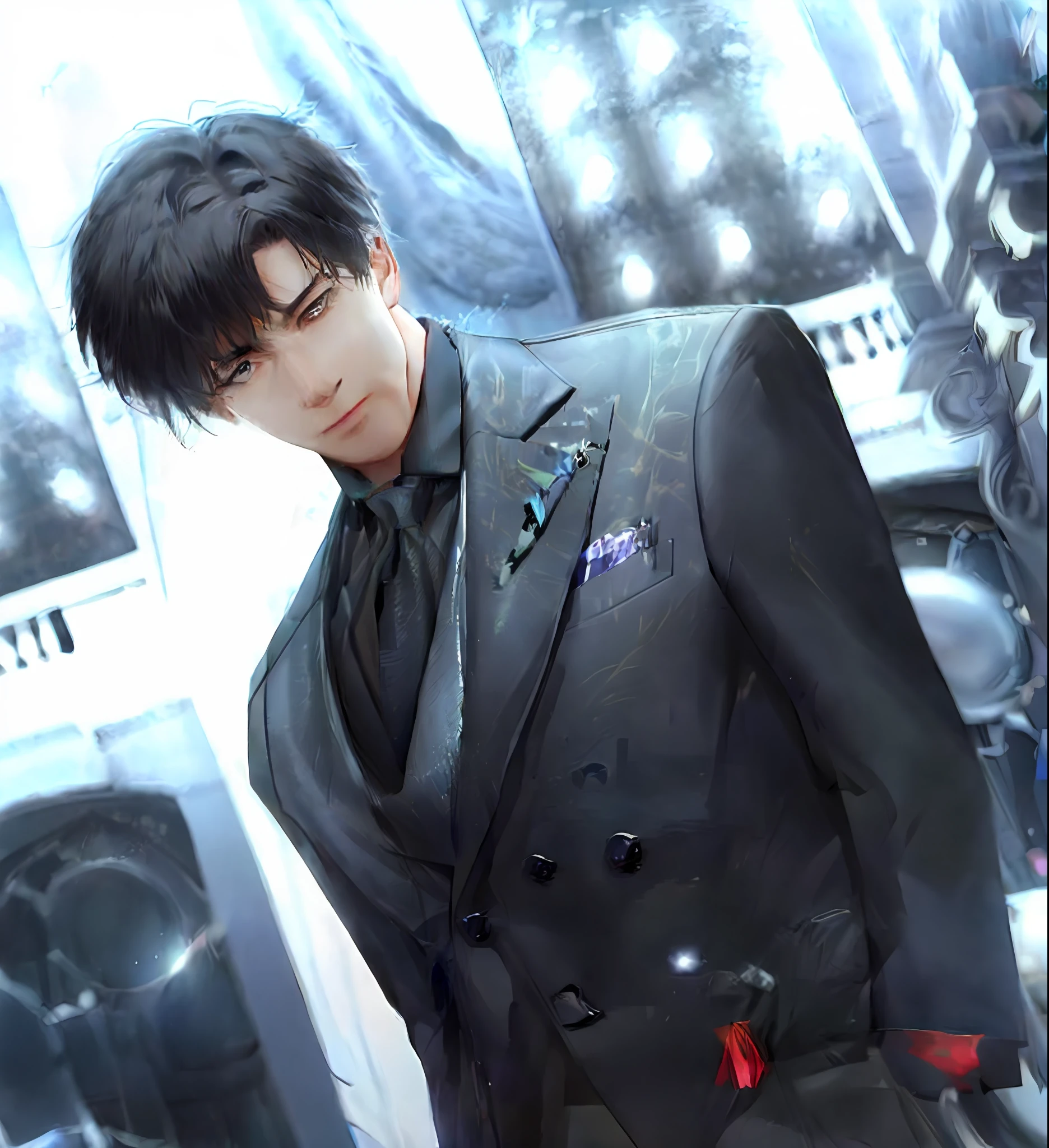 anime man in a suit and tie standing in front of a microphone, heise jinyao, handsome anime pose, anime handsome man, hijikata toushirou, wearing a black noble suit, by Yang J, anime key visual of elegant, handsome prince, shuushuu anime image, inspired by Hisui Sugiura, inspired by Ding Yunpeng