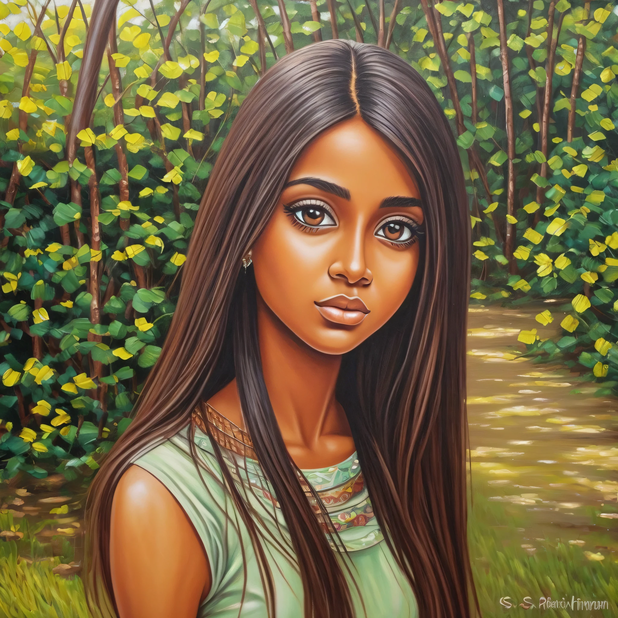 Make a realistic painting of a brown Brazilian with straight and long hair, thin and big eyes --auto --s2