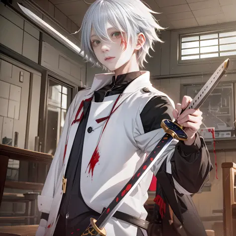 An anime boy in the classroom has white hair and blood stains on his face and holds a sword in his hand