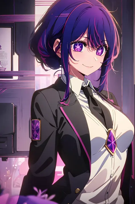 2d, masterpiece, best quality, anime, highly detailed, cowboy shot, 1girl, solo, black suit and tie, purple hair, purple galaxy ...