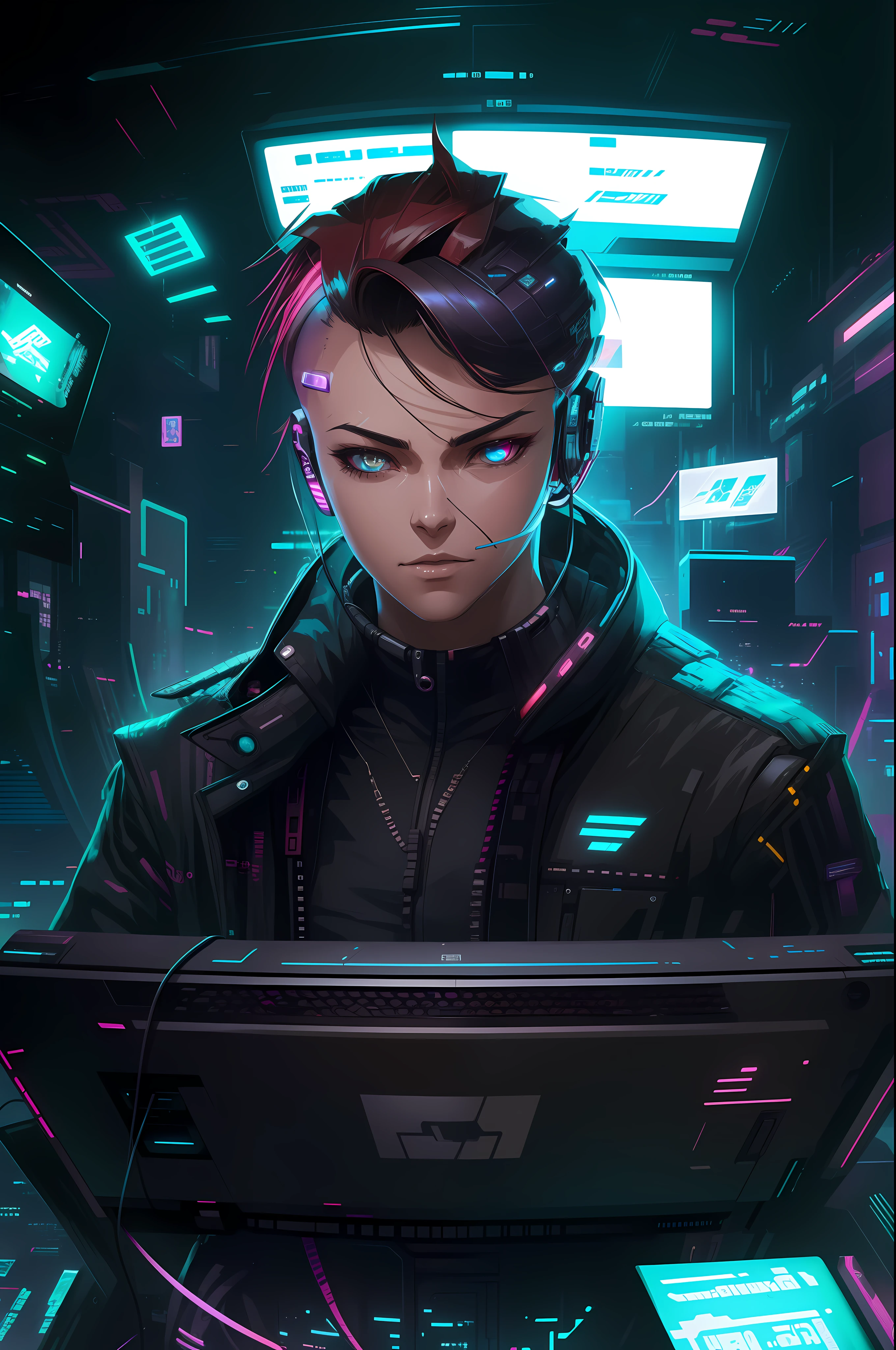 a close up of a person in a room with a computer, cyber style, digital cyberpunk anime art, digital cyberpunk - anime art, cyberpunk hero, cyber aesthetic, in cyberpunk style, cyberpunk art style, cyber noir, cyber universe style, cyberpunk artm, cyberpunk dude, artwork in the style of guweiz, cyberpunk))), anton fadeev 8 k