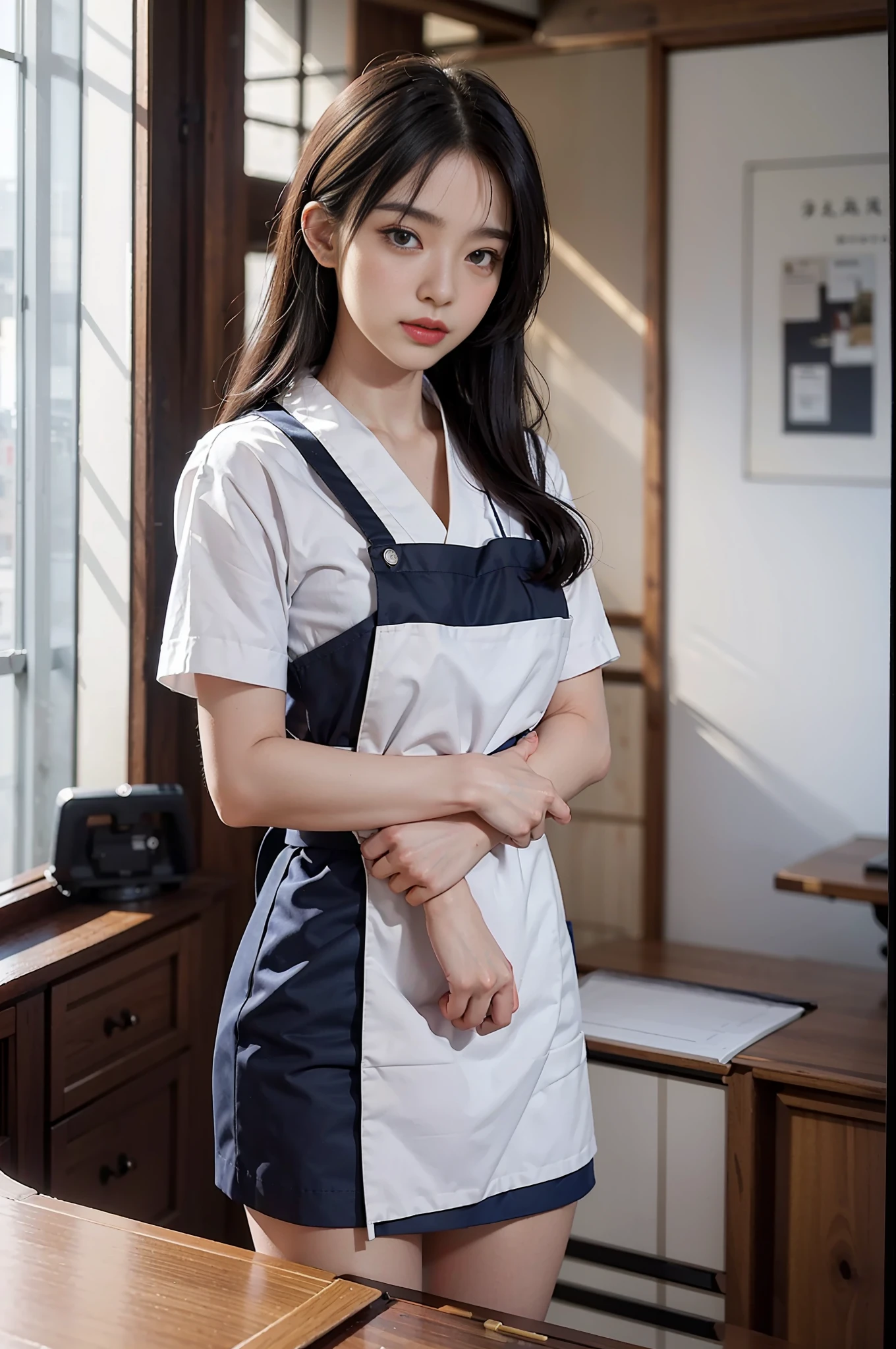 Top quality, delicate face, 25-year-old girl, slim body, white apron, dark blue cleaning uniform, standing position, luxury Japanese-style room, desk, cushion, hanging scroll, room cleaning, manufacturing, having a vacuum cleaner,