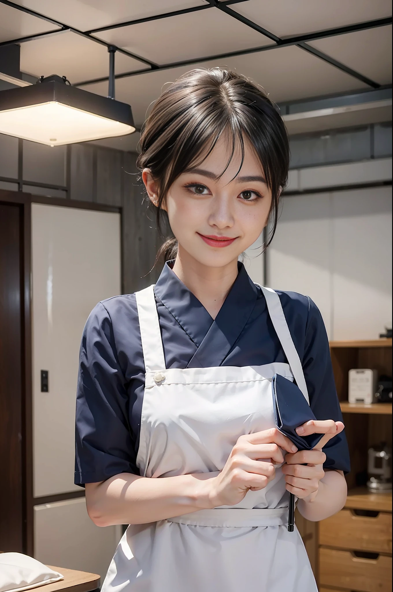 Top quality, delicate face, 2 girl, slim body, white apron, dark blue cleaning uniform, standing position, luxury Japanese-style room, desk, cushion, hanging scroll, room cleaning, manufacturing, having a vacuum cleaner, smiling, thumbs up,