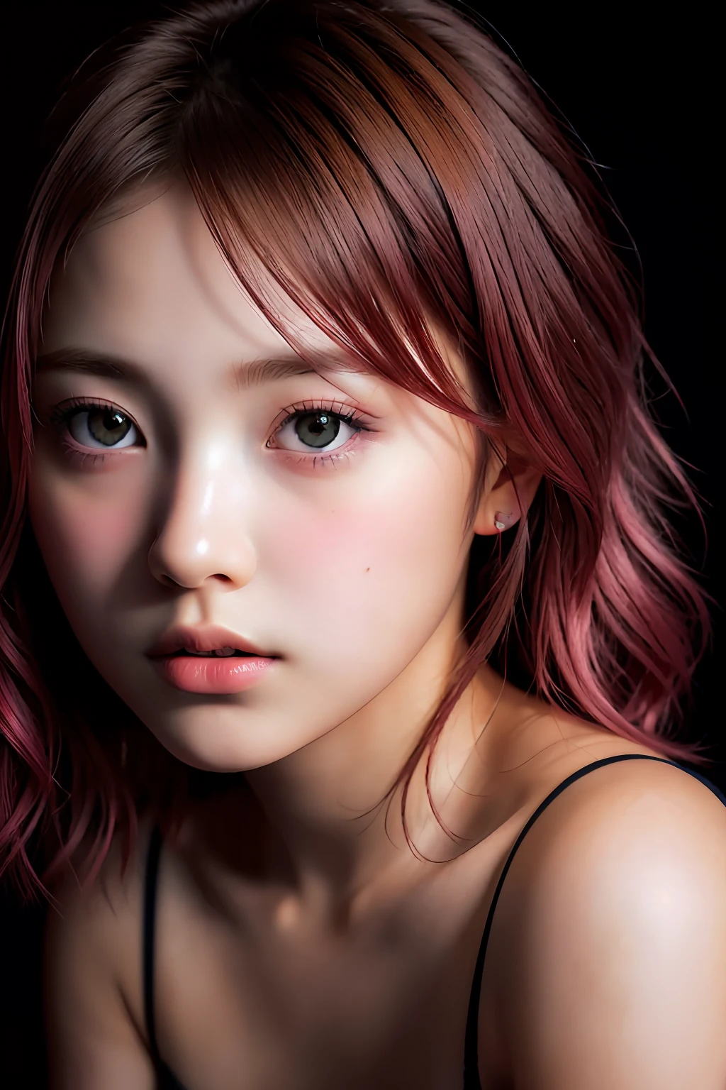 masterpiece, Best quality, Ultra detail, 8K RAW photos, Cinematic lights, Detailed shadows, RAW, (Detail skin), (Real:1.2), 1 girl, Japan girls, Double big beautiful eyes, Face, 16 years old, Short hair, Pink gradient hair, Dark brown eyes,