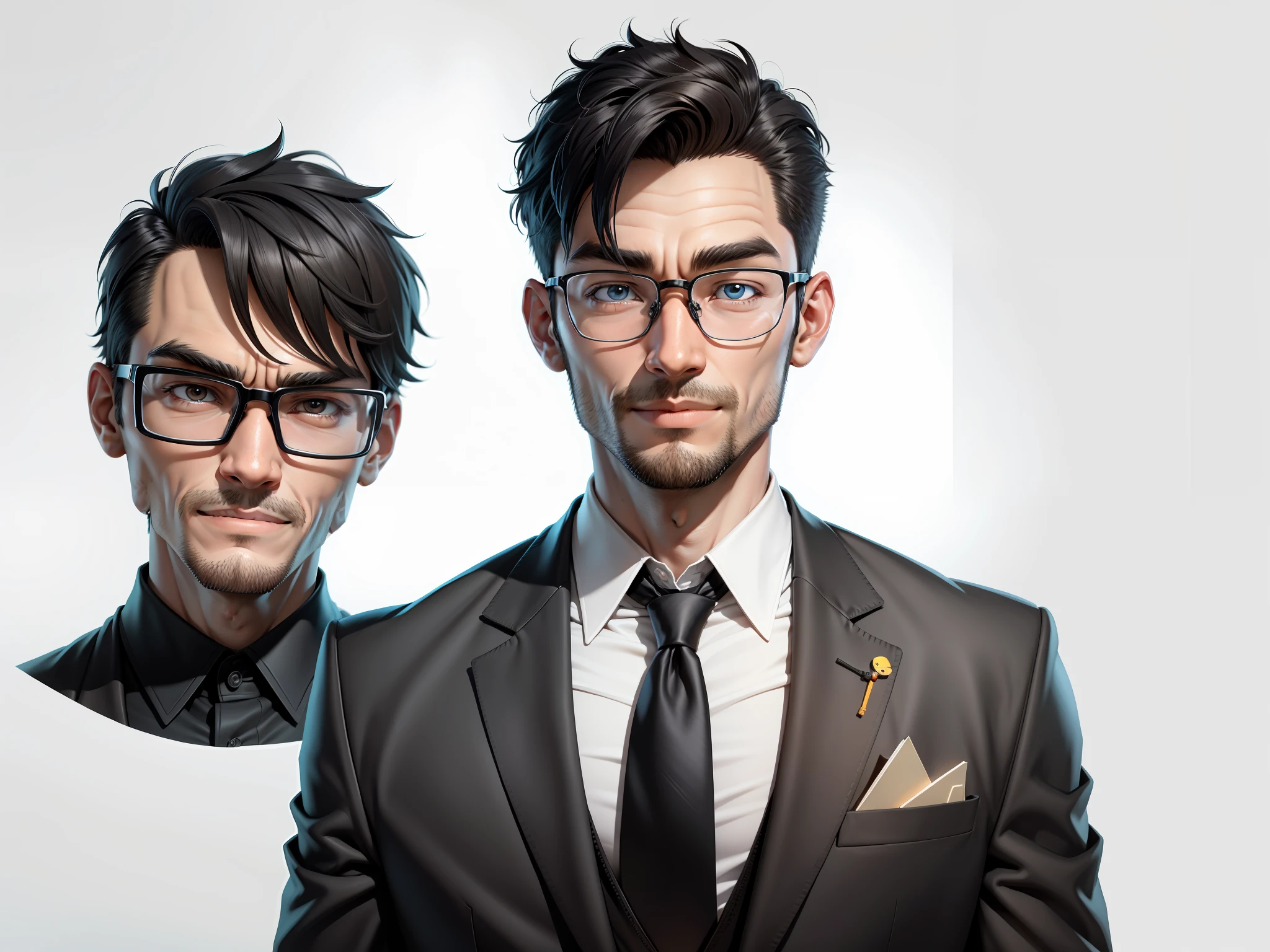 Super joven 30 años，gafas de plata，La cara es un poco gorda.，La cara esta muy limpia.，sin bigotes，Pelo Súper Corto Negro，ojos negros，traje negro，Blue tie，Sonríe con confianza，pintura digital，la película，Diseño de personajes en 3D por Mark Clairdon y Pixar y Hayao Miyazaki，La ilustración es una ilustración de alta definición con resolución 4k.，Con rasgos faciales muy detallados y visuales estilo dibujos animados.。