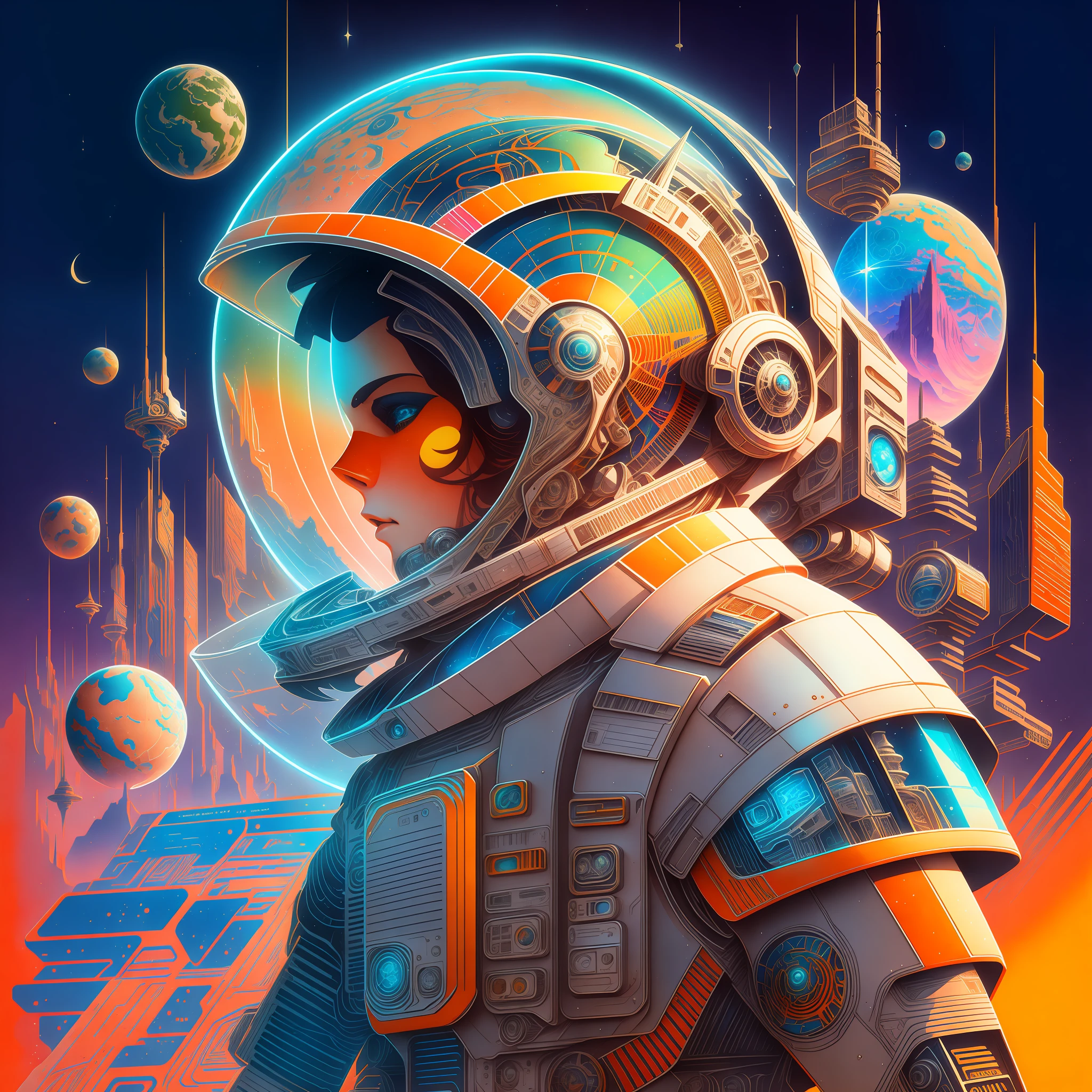 A digital painting of a man in a space suit with planets in the ...