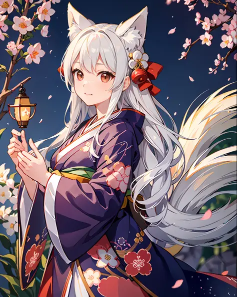 1 girl, nine-tailed, kimono, 10 years old, fox, red and white, shrine, super cute face, 9 tails, dense, high definition, cherry blossom blooming forest, shining (extremely detailed CG unity 8k wallpaper), (masterpiece), (best quality), (ultra-detailed), (b...