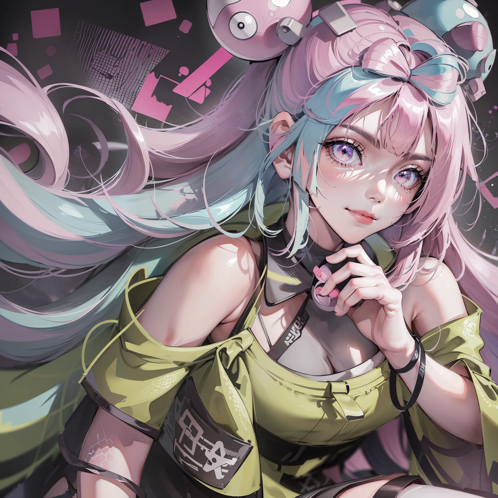 Iono(Pokemon), iono_(pokemon), (pink_hair, bow-shaped_hair, aqua_hair, multicolored_hair, low-tied_long_hair, long_hair, very_long_hair, two-tone_hair, twintails,) pink_eyes, very_long_sleeves, sleeves_past_wrists, sleeveless_shirt, single_leg_pantyhose, shirt, grey_pantyhose, grey_footwear, character_hair_ornament, hexagon_print, ((clearly drawn face)), ((cowboy shot)), ((focus on upper body)), ((closed_lip,smile)), 8k, masterpiece, detailed, high quality, detailed lips, lipstick, glossy lips