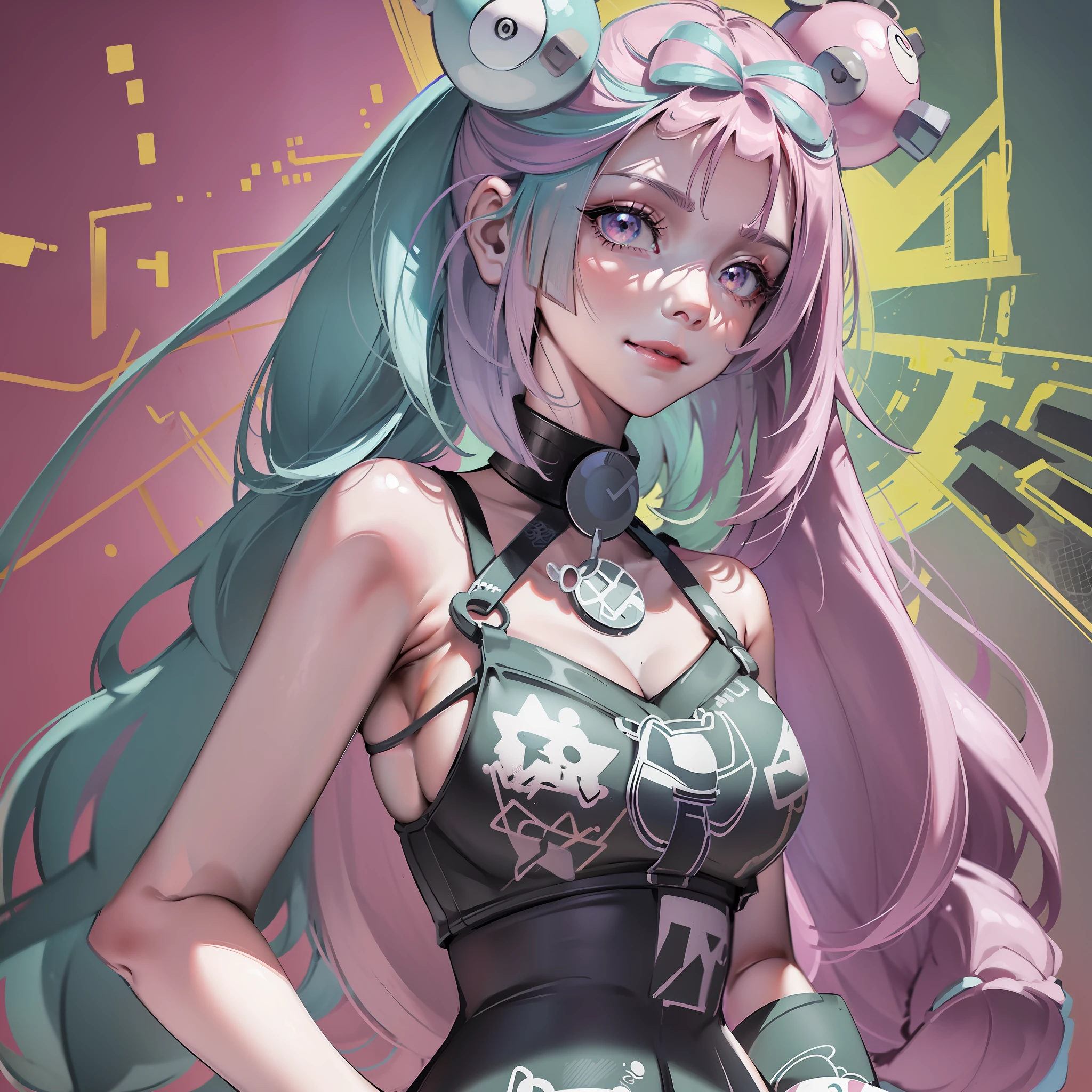 Iono(Pokémon), iono_(Pokémon), (rosa_Cabelo, em forma de arco_Cabelo, aqua_Cabelo, multicolorido_Cabelo, amarrado_longo_Cabelo, longo_Cabelo, muito_longo_Cabelo, dois tons_Cabelo, twintails,) rosa_olhos, muito_longo_mangas, mangas_passado_pulsos, sem mangas_camisa, solteiro_perna_meia calça, camisa, cinza_meia calça, cinza_calçados, personagem_Cabelo_ornament, hexágono_imprimir, ((rosto claramente desenhado)), ((tiro de vaqueiro)), ((concentre-se na parte superior do corpo)), ((fechado_lábio,Sorriso)), 8K, Obra de arte, detalhado, alta qualidade, detalhado lábios, lábiostick, glossy lábios