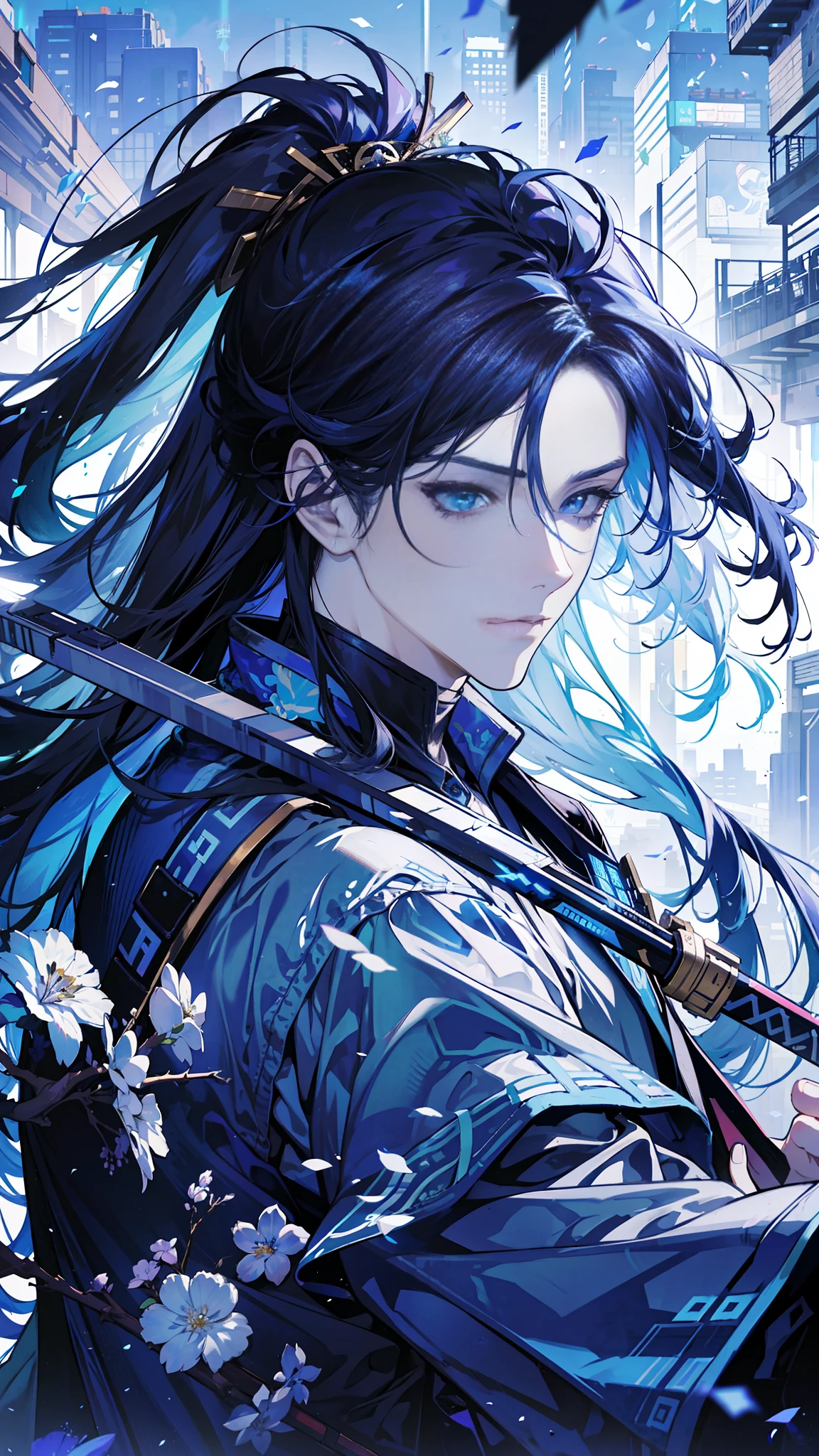 Blue-purple style, looking at you, good eyes, messy hair, broken hair, long hair, chivalry, very beautiful cyberpunk digital artwork, male focus, handsome, heroic and sassy, beautiful man, wearing a blue and white kimono, long sword on the shoulder, chivalric style, high-quality detail depiction, blurred background and soft light set off, middle side shooting, middle side perspective, pattern decorations and accessories, broken flowers and flying flowers, rich fog surrounding, light and shadow change extremely exquisite. Anime style 4k wallpaper.