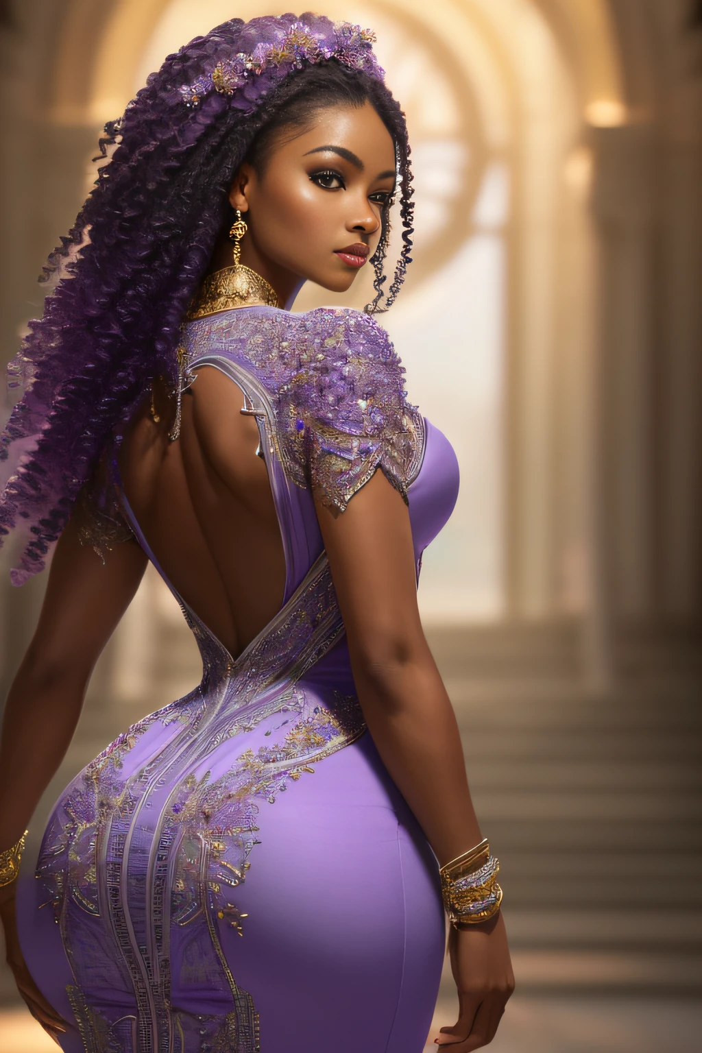 ((Masterpiece)), ((Best Quality)), (Ultra Detailed), (Very Detailed)), 4K, (8K), Best Quality, (Beautiful), Perfect Anatomy, Photo from Behind, Tempered Ass, Portrait Photo of African American Supermodel, Solo, (Dress of Intricate Workmanship in Lilac:1.3), Meticulously Rendered Face, Beautiful Eyes, Feminine Physique, Goddess of Beauty, Unreal Engine, Octane Rendering, Movie Lighting,