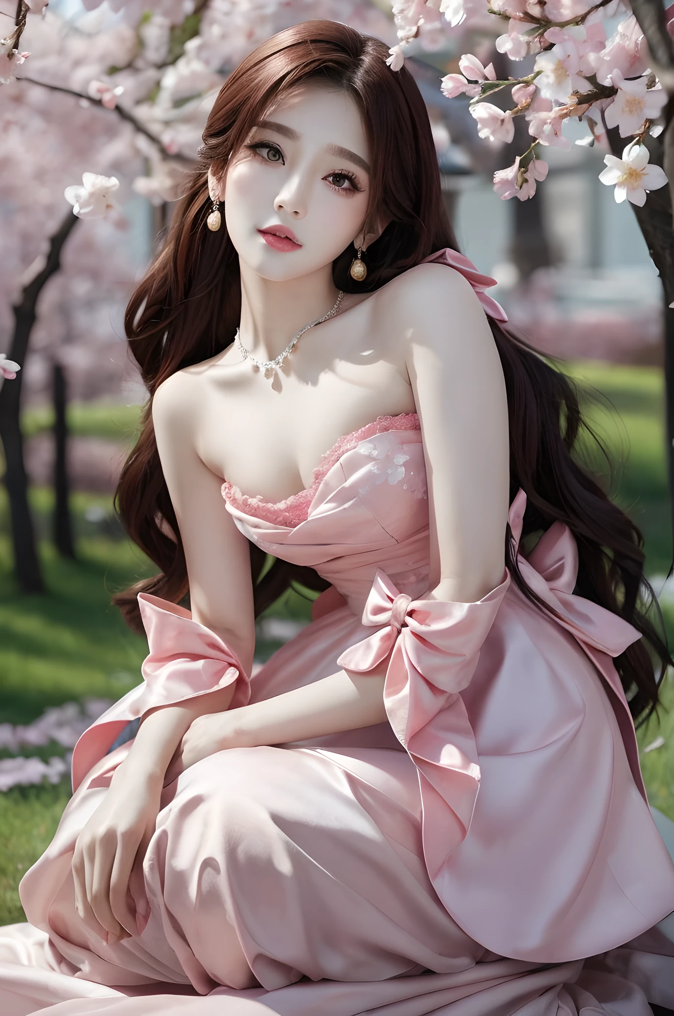 ((Realistic lighting, top quality, 8K, Masterpiece: 1.3)), Clear Focus: 1.2, 1Woman, Perfect Beauty: 1.4, Yushuxin, 1Girl, Dress, Solo, Brunette, Jewelry, Long Hair, Earrings, Bow, Pink Dress, Wood, Nature, Outdoor, Bare Shoulder, Airless Gainsboro, Long Dress, Hair Bow, Forest, Pink Bow,Strapless, Standing, Necklace, Head Tilt, Chapped Lips, Wavy Hair, Strapless Dress,Lace Sleeves, cetin dress,Close-up of woman in pink dress posing for photo, beautiful maiden, anime girl cosplay, beautiful korean woman, beautiful princess, cute elegant pose, belle delphine, wearing pink dress, beautiful fantasy maiden, anime princess, beautiful seductive anime woman,beautiful asian girl, attractive anime girl, elegant glamorous cosplay,take a front,in cherry blossom park,