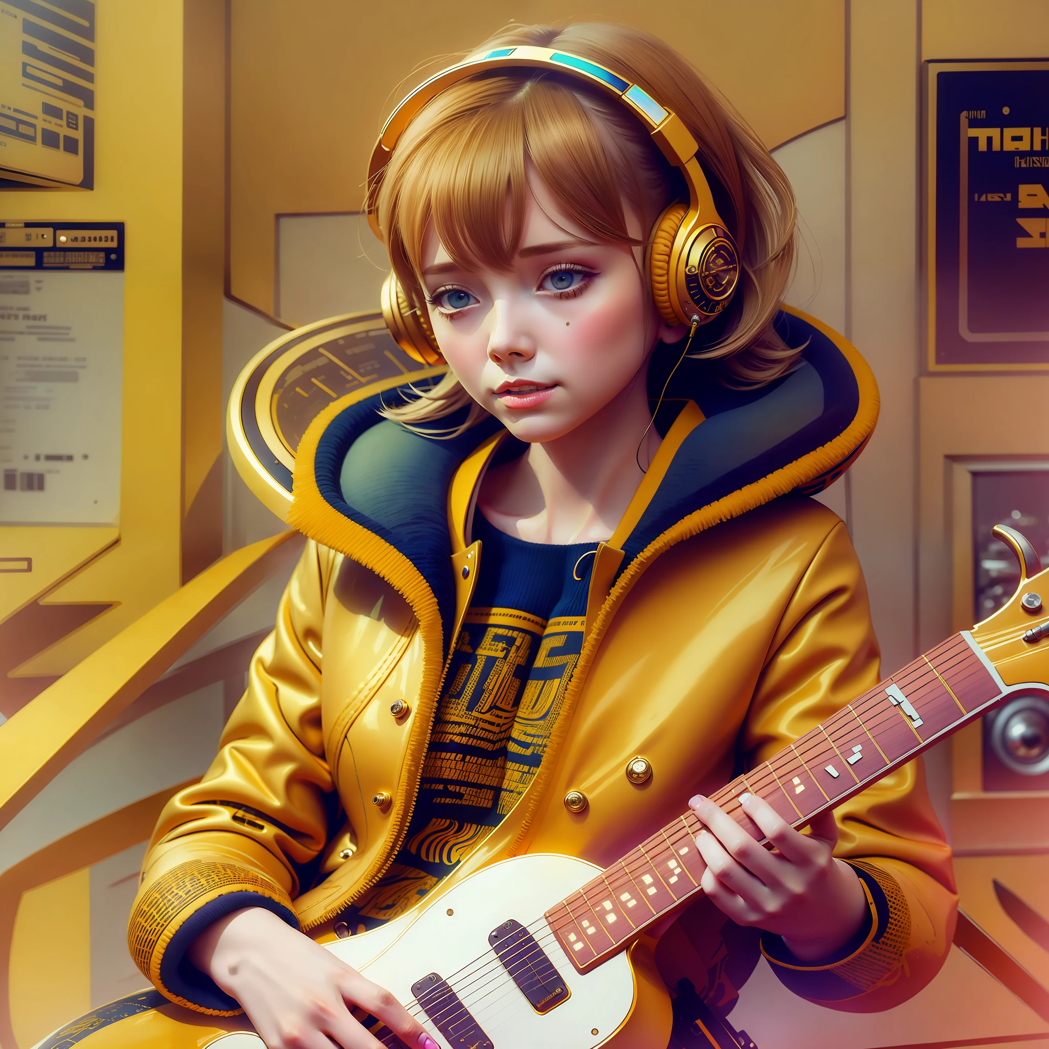 Fille en veste jaune écoutant de la musique avec ses écouteurs dorés artstation, art numérique aquarelle, primé, complexe, POINTU, détaillé, réalisme de qualité, 4k, HD, moteur irréel 5, étourdi, un 12x (très) très colorful, dessin animé