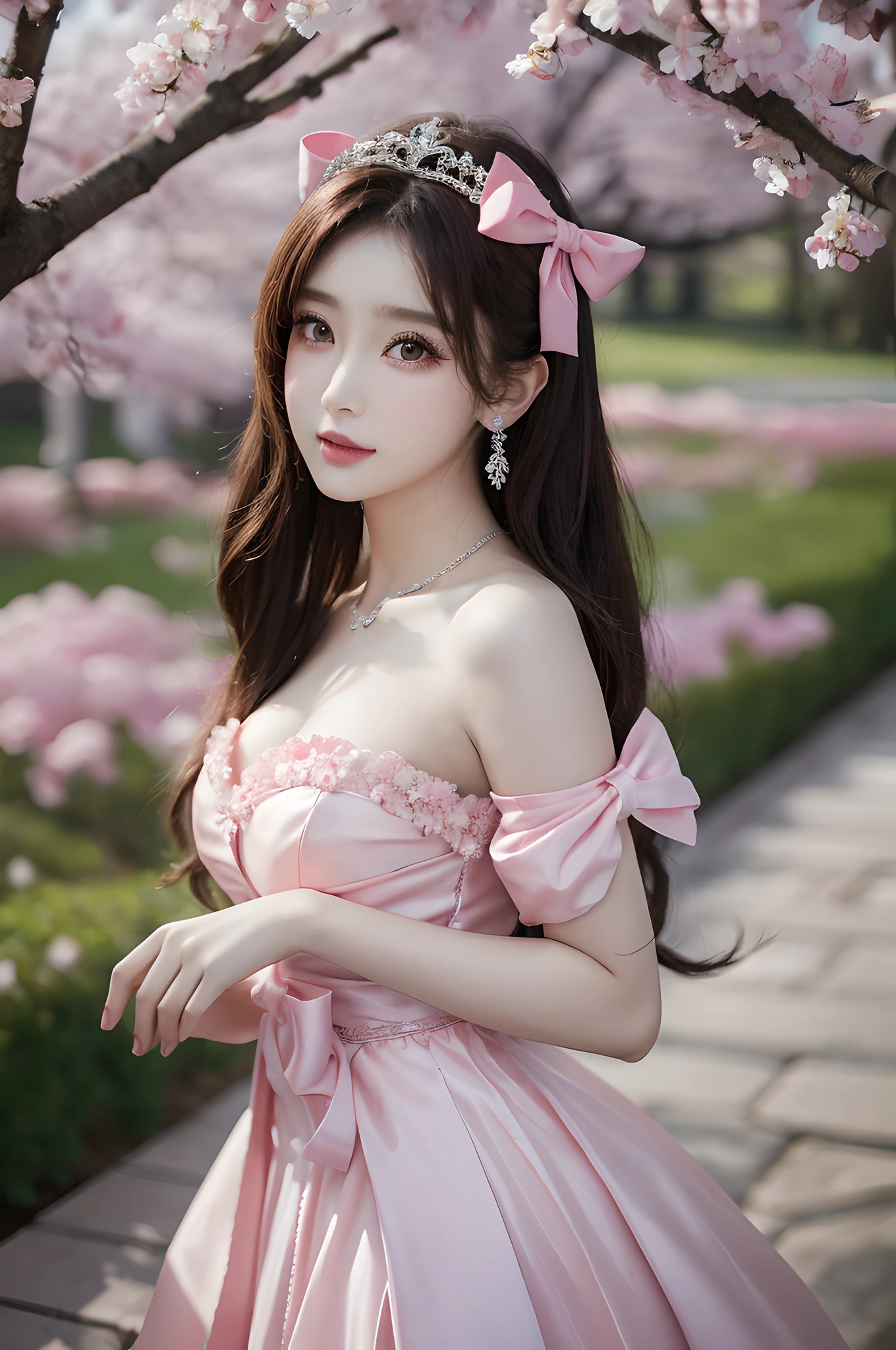 ((Realistic lighting, top quality, 8K, Masterpiece: 1.3)), Clear Focus: 1.2, 1Woman, Perfect Beauty: 1.4, Yushuxin, 1Girl, Dress, Solo, Brunette, Jewelry, Long Hair, Earrings, Bow, Pink Dress, Wood, Nature, Outdoor, Bare Shoulder, Airless Gainsboro, Long Dress, Hair Bow, Forest, Pink Bow,Strapless, Standing, Necklace, Head Tilt, Chapped Lips, Wavy Hair, Strapless Dress,Lace Sleeves, cetin dress,Close-up of woman in pink dress posing for photo, beautiful maiden, anime girl cosplay, beautiful korean woman, beautiful princess, cute elegant pose, belle delphine, wearing pink dress, beautiful fantasy maiden, anime princess, beautiful seductive anime woman,beautiful asian girl, attractive anime girl, elegant glamorous cosplay,take a front,in cherry blossom park,