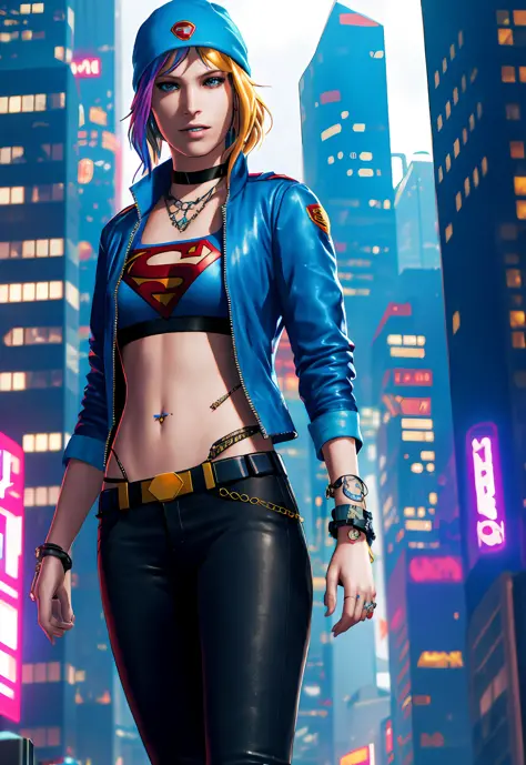 Cyberpunk supergirl, slim waist, ultra-detailed, masterpiece, high quality, cyberpunk city background, chloeprice, blonde hair, ...