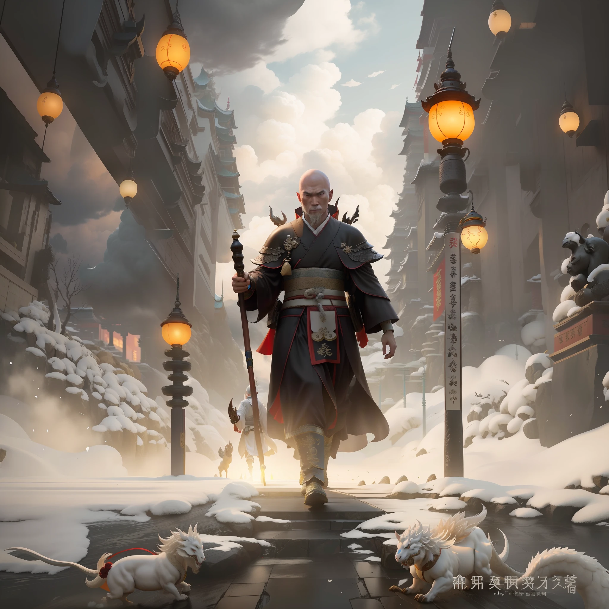 Bald Tang Dynasty young monk, a bald man monk in a cassock, walking through the street with a Zen staff, there are white dragon horses, auspicious clouds around Yang J, Zhu Feng, Andreas Rocha style, Titi Luatong, Victor Wang, conceptual art | Zhu Feng, Zeng Jing, Wu Baiyade, Yang Jin, Ren Xiong, Ju Chao Tang monk. The monk of the Tang Dynasty, with a resolute face, holding a Zen staff and a white dragon horse, walked forward, with magnificent and auspicious clouds in the background