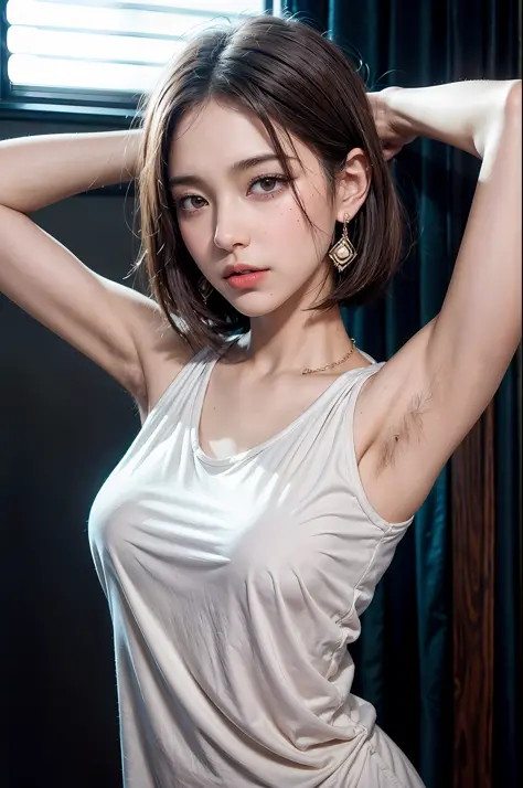(short hair woman), (white pajamas), (covered-nipples), standing, hands behind head, armpit, hairy armpit, ⁹ medium breasts, best quality, masterpiece, illustration, very delicate and beautiful, very detailed skin, CG, Unity, 8K wallpapers, amazing, fine d...
