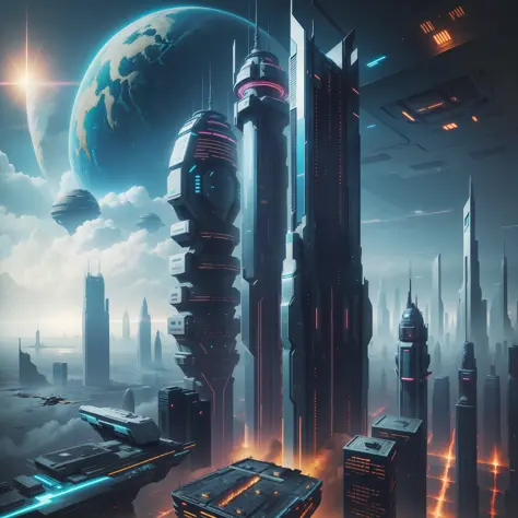 futuristic civilization megastructure cyberpunk sci-fi futuristic world top quality masterpiece universe skyscraper