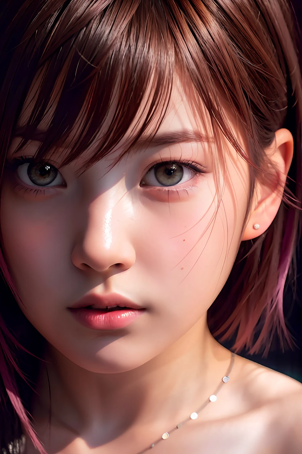 masterpiece, Best quality, Ultra detail, 8K RAW photos, Cinematic lights, Detailed shadows, RAW, (Detail skin), (Real:1.2), 1 girl, Japan girls, Double big beautiful eyes, Face, , Short hair, Pink gradient hair, Dark brown eyes,