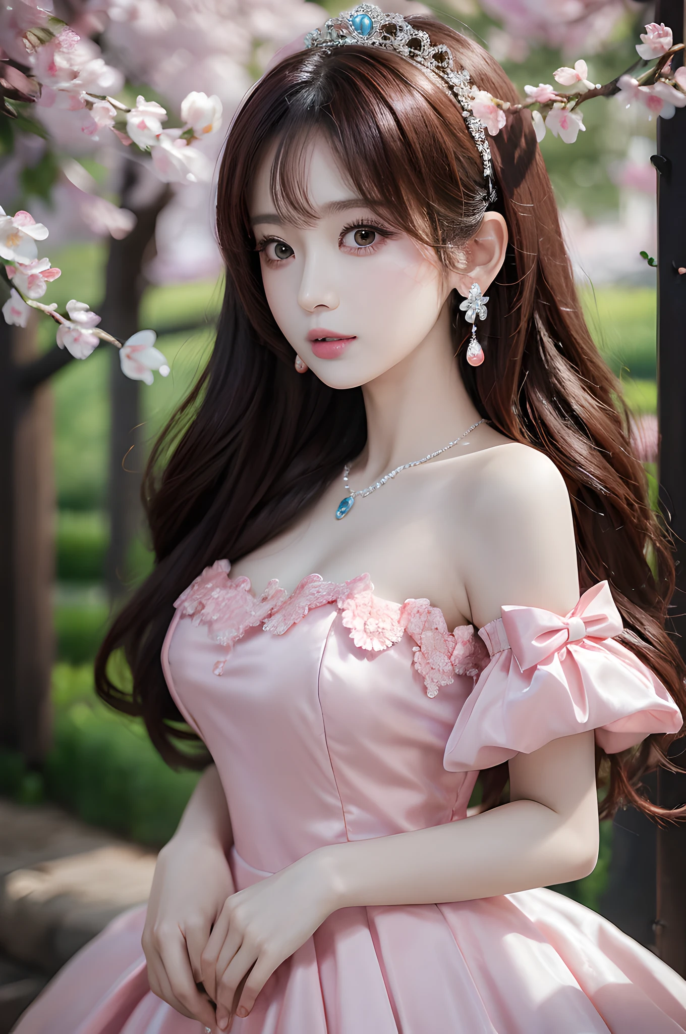 ((Realistic lighting, top quality, 8K, Masterpiece: 1.3)), Clear Focus: 1.2, 1Woman, Perfect Beauty: 1.4, Yushuxin, 1Girl, Dress, Solo, Brunette, Jewelry, Long Hair, Earrings, Bow, Pink Dress, Wood, Nature, Outdoor, Bare Shoulder, Airless Gainsboro, Long Dress, Hair Bow, Forest, Pink Bow,Strapless, Standing, Necklace, Head Tilt, Chapped Lips, Wavy Hair, Strapless Dress,Lace Sleeves, cetin dress,Close-up of woman in pink dress posing for photo, beautiful maiden, anime girl cosplay, beautiful korean woman, beautiful princess, cute elegant pose, belle delphine, wearing pink dress, beautiful fantasy maiden, anime princess, beautiful seductive anime woman,beautiful asian girl, attractive anime girl, elegant glamorous cosplay,take a front,in cherry blossom park,