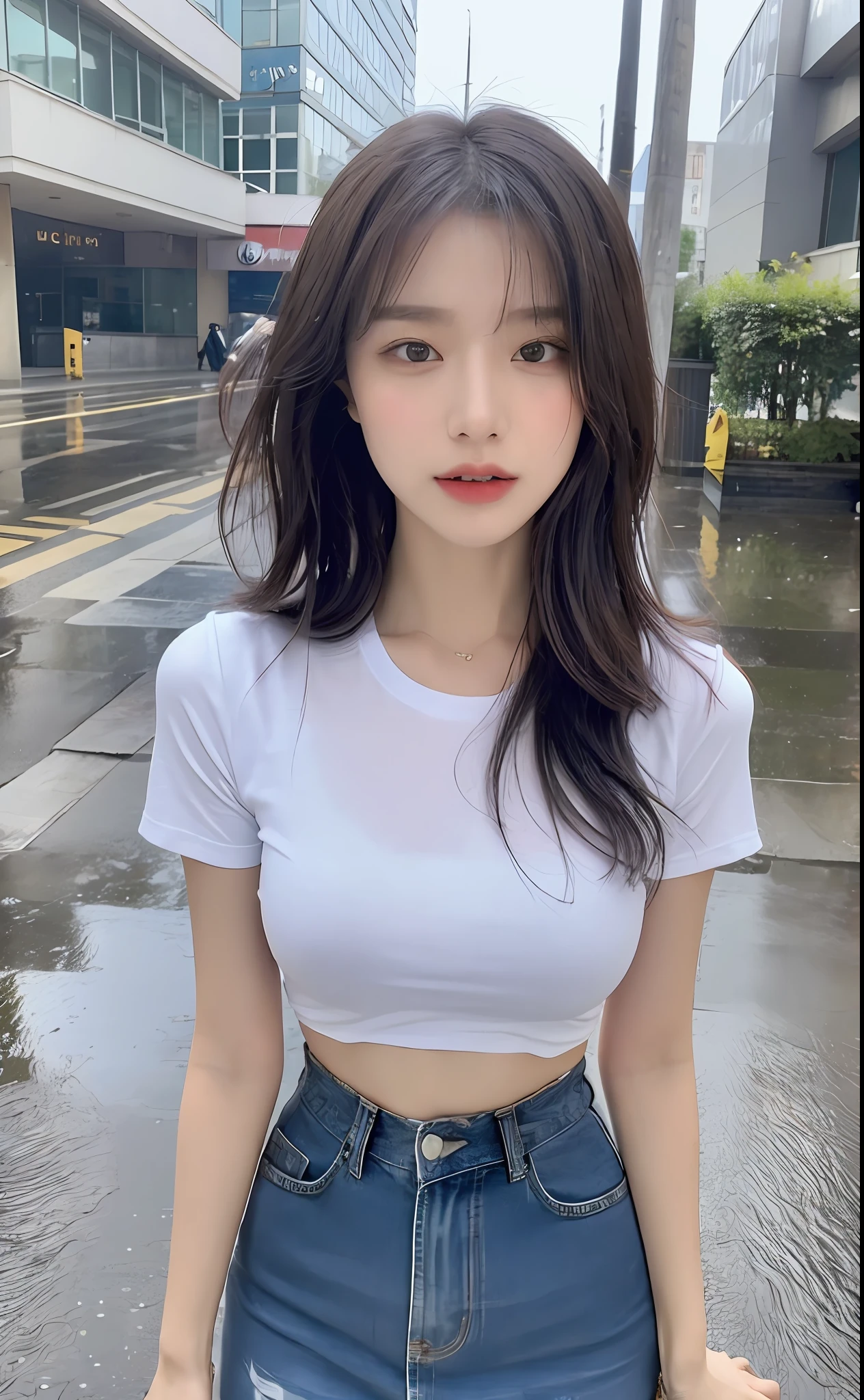 ((Best Quality, 8K, Masterpiece:1.3)), Focus:1.2, Perfect Body Beauty:1.4, Buttocks:1.2, (Layered Haircut, Breasts:1.2)), (Wet Clothes:1.1) , (Rain, Street:1.3), Loose Crop Top T-shirt: 1.1, Pleuffle skirt, highly detailed face and skin texture, Delicate eyes, Double eyelids, whitening skin, long hair, (Shut up: 1.3),