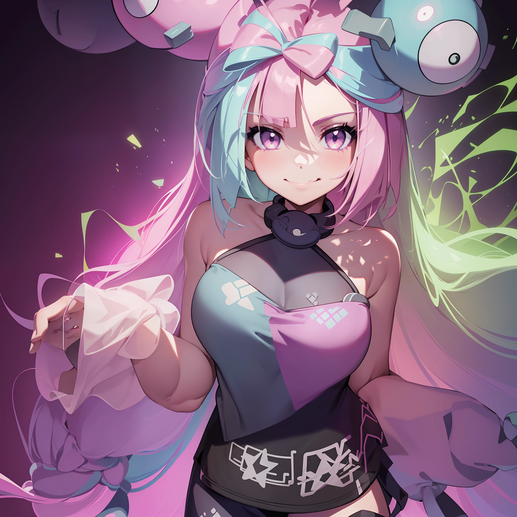 Iono(Pokemon), iono_(pokemon), (pink_hair, bow-shaped_hair, aqua_hair, multicolored_hair, low-tied_long_hair, long_hair, very_long_hair, two-tone_hair, twintails,) pink_eyes, very_long_sleeves, sleeves_past_wrists, sleeveless_shirt, single_leg_pantyhose, shirt, grey_pantyhose, grey_footwear, character_hair_ornament, hexagon_print, ((clearly drawn face)), ((cowboy shot)), ((focus on upper body)), ((closed_lip,smile)), 8k, masterpiece, detailed, high quality, detailed lips, pink lipstick, glossy lips, kissy lips