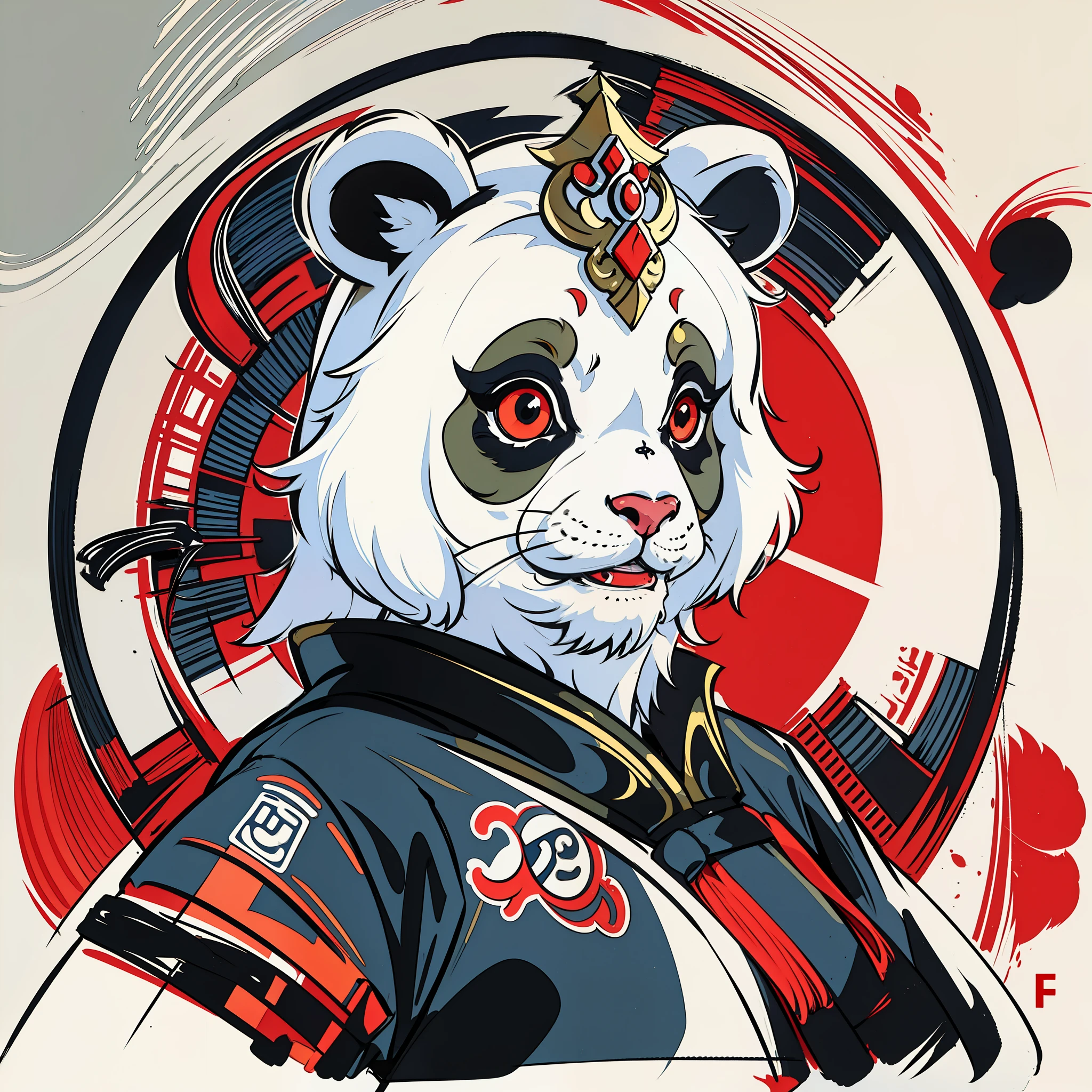 (Line Drawing Art: 1.5), the logo design on this costume is a clean design, with the logo of a panda wearing a Chinese opera headdress. The outline of the logo is white, in the art style of flat style and line drawing, --auto --s2