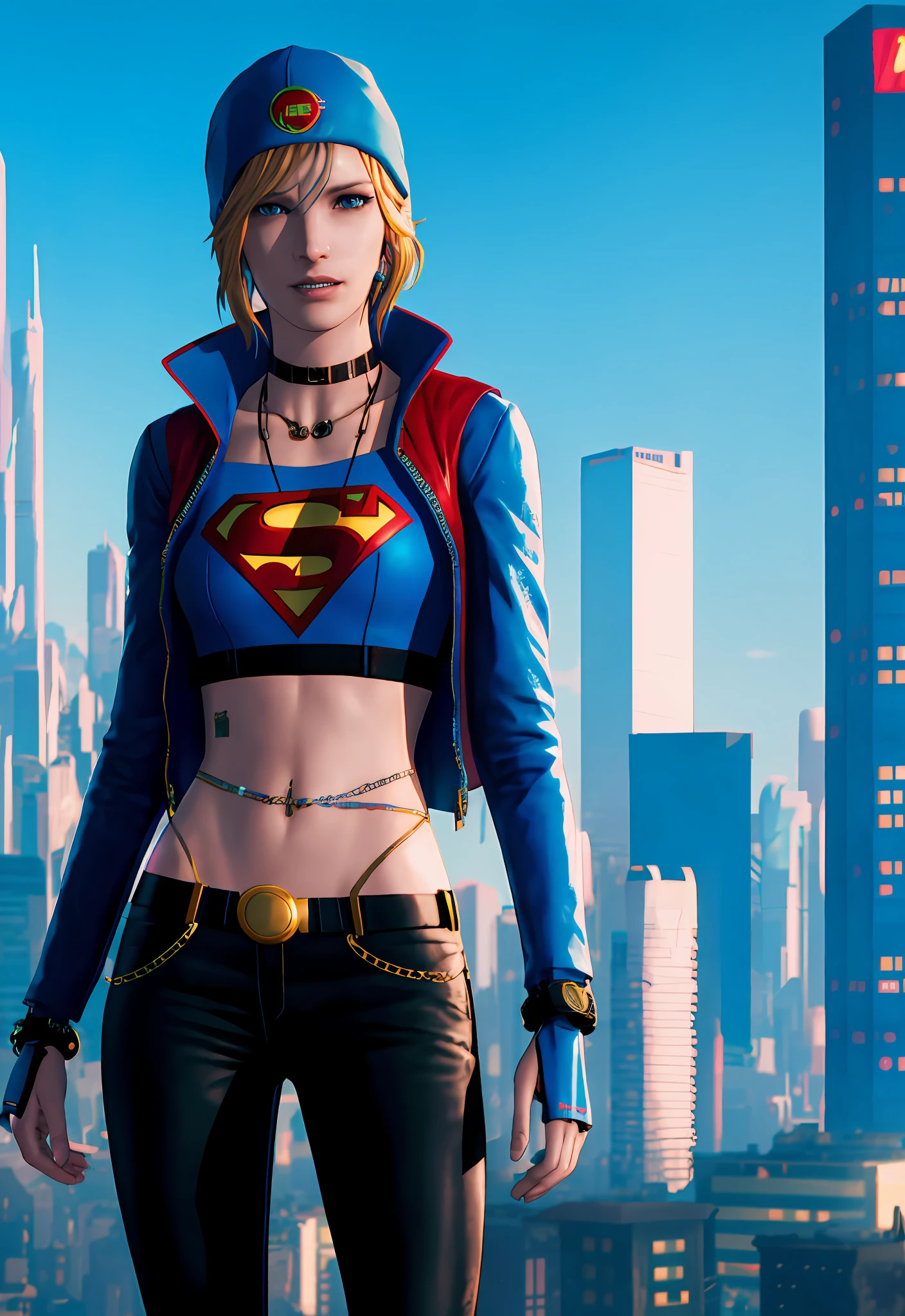 Cyberpunk supergirl, slim waist, ultra-detailed, masterpiece, high quality, cyberpunk city background, chloeprice, blonde hair, blue eyes, beanie, choker, tattos, superman s on chest