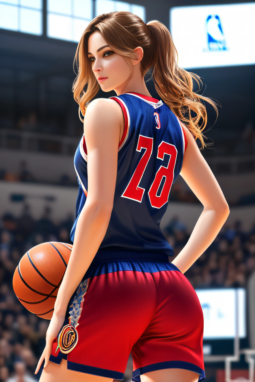 ((Masterpiece)), ((Best Quality)), (Ultra Detailed), (Very Detailed)), 4K, (8K), Best Quality, (Beautiful), Perfect Anatomy, Photo from Behind, Tempered Ass, Supermodel Portrait Photography, Solo, (Basketball Uniform:1.3), Meticulously Rendered Face, Beautiful Eyes, Feminine Physique, Goddess of Beauty, Unreal Engine, octane rendering, gymnasium, movie lighting,