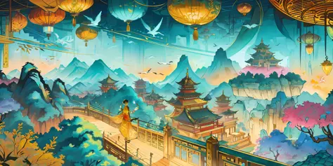 an image of an asian landscape with mountains and birds in the air, in the style of fantastical otherworldly visions, light cyan...