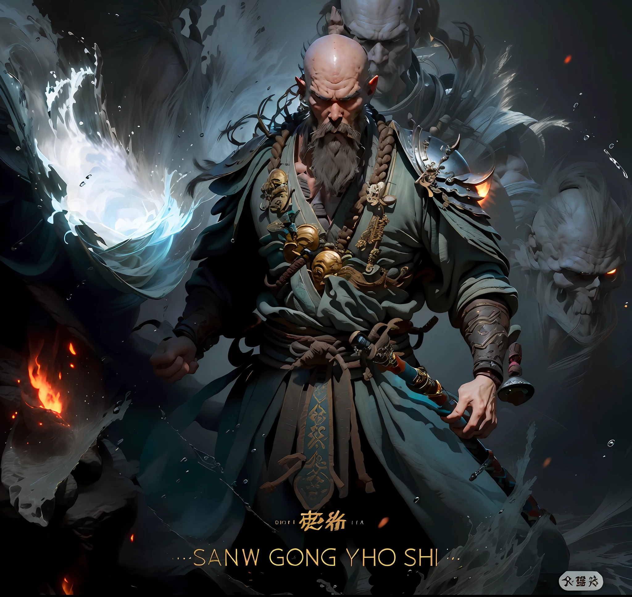 Sand monk bald monk, close-up of bald male Chinese monk with skull on chest, Chinese man, hideous face, Guan Yu, water waves on the soles of his feet, sand monk, roller shutter general, immortal, big waist round, holding a weapon Zen staff, behind the water waves, the skin of the character is gray, the neck hangs a skull necklace, master works, ultra-clear picture quality, normal hands, mustache on both sides of the lips