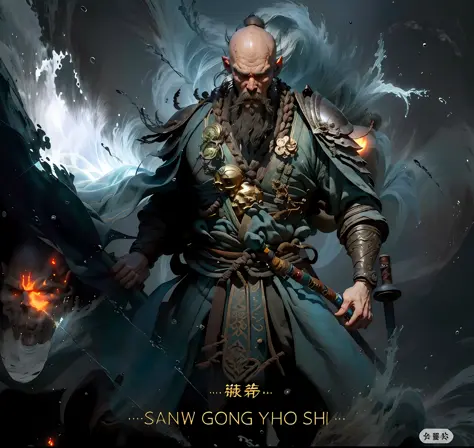 Sand monk bald monk, close-up of bald male Chinese monk with skull on chest, Chinese man, hideous face, Guan Yu, water waves on ...