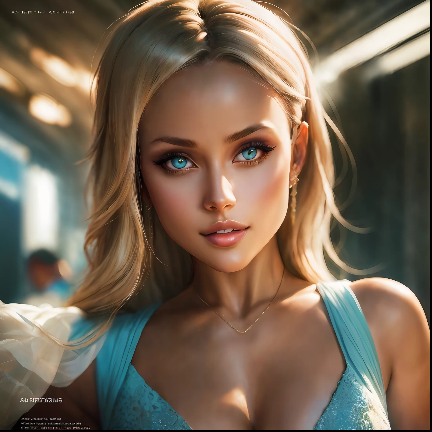 Young woman a woman with lightcyan hair,  a photorealistic  de pasarela,
big brown eyes with perfect makeup, , attractive, elegant, confident, woman, model, pouty lips, smiling, beautiful, tanned, V-neck dress , modern casual, head to waist portrait, sunshine, outdoor, trending on artstation, sharp focus, intricate details, highly detailed, volumetric lighting, fashion show, magazine, magazine cover, by stanley artgerm