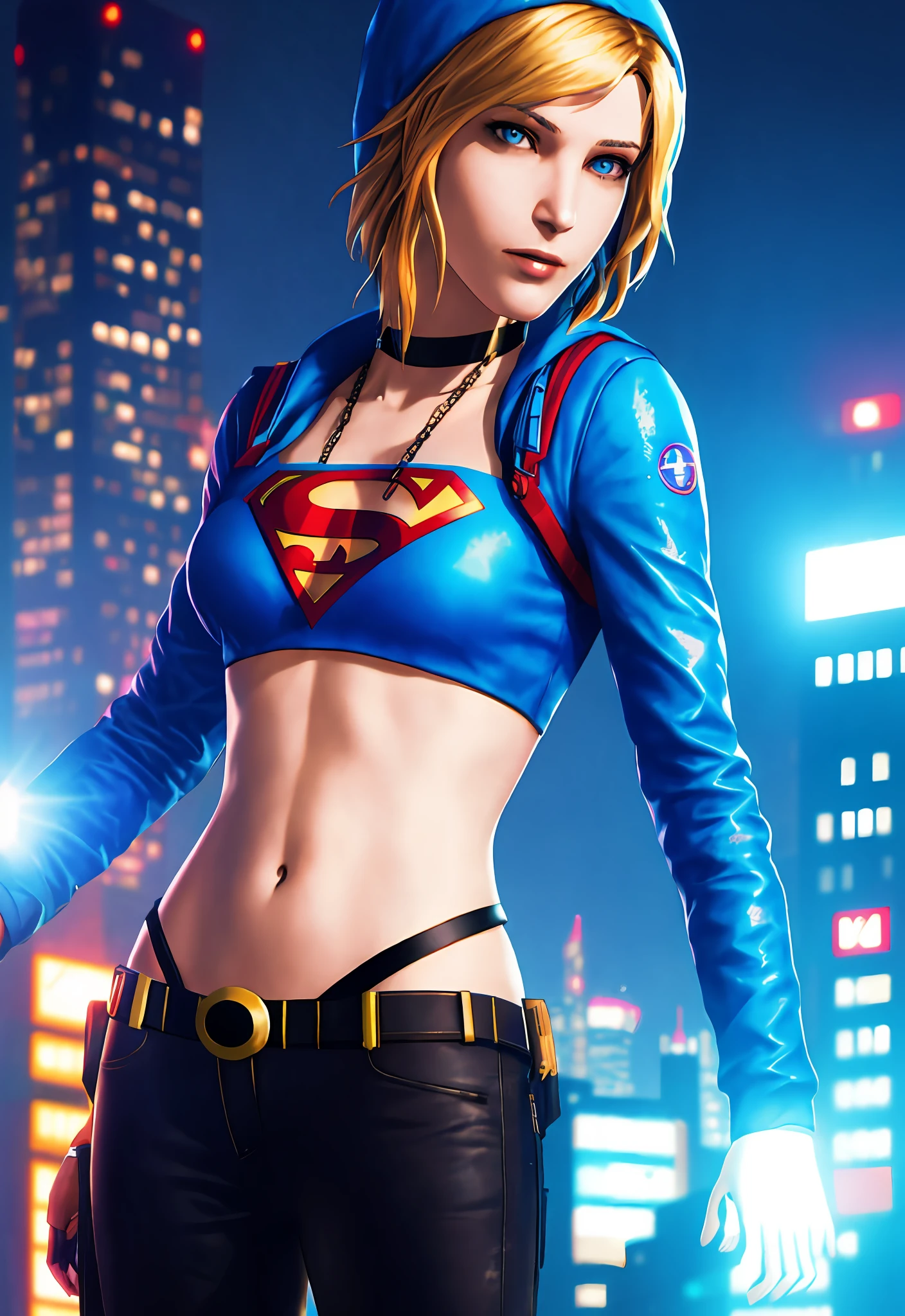 Cyberpunk supergirl, slim waist, ultra-detailed, masterpiece, high quality, cyberpunk city background, chloeprice, blonde hair, blue eyes, beanie, choker, tattos, superman s on chest, beautiful girl
