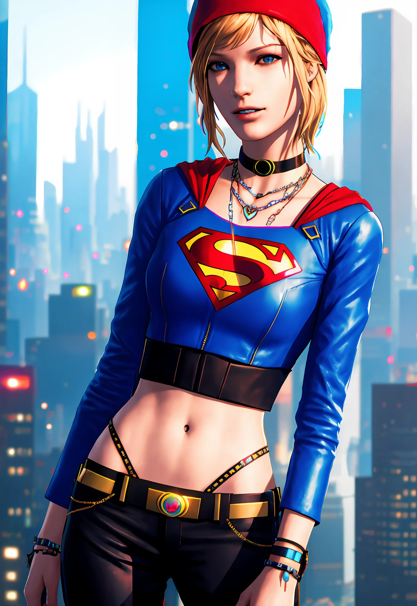 Cyberpunk supergirl, slim waist, ultra-detailed, masterpiece, high quality, cyberpunk city background, chloeprice, blonde hair, blue eyes, beanie, choker, tattos, superman s on chest, beautiful girl