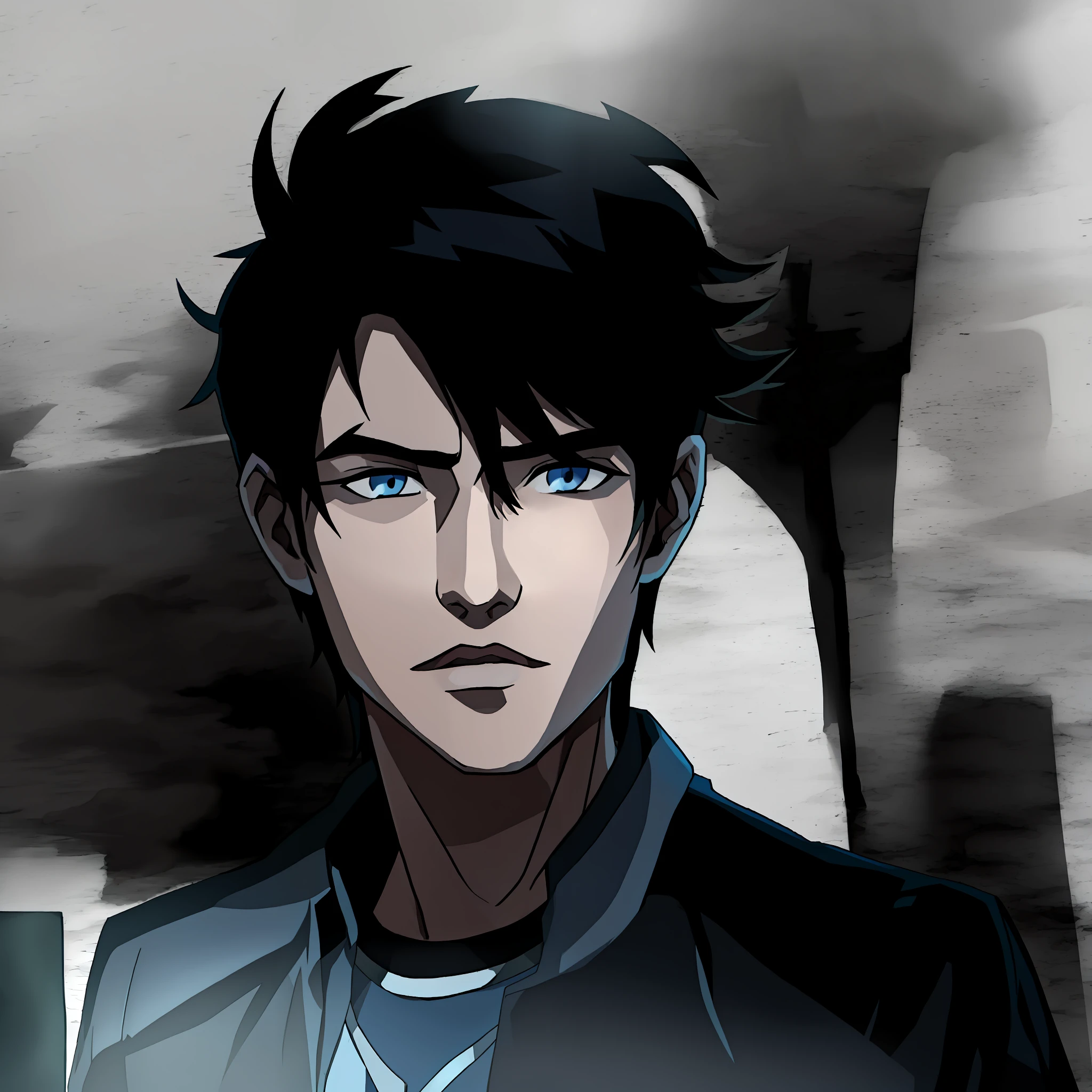 black haired boy, messy hair, tired look, dark circles, blue eyes, sad, depressing, lonely, cool, dark, black modern clothes, 2d character, young boy, young teenager, shadows