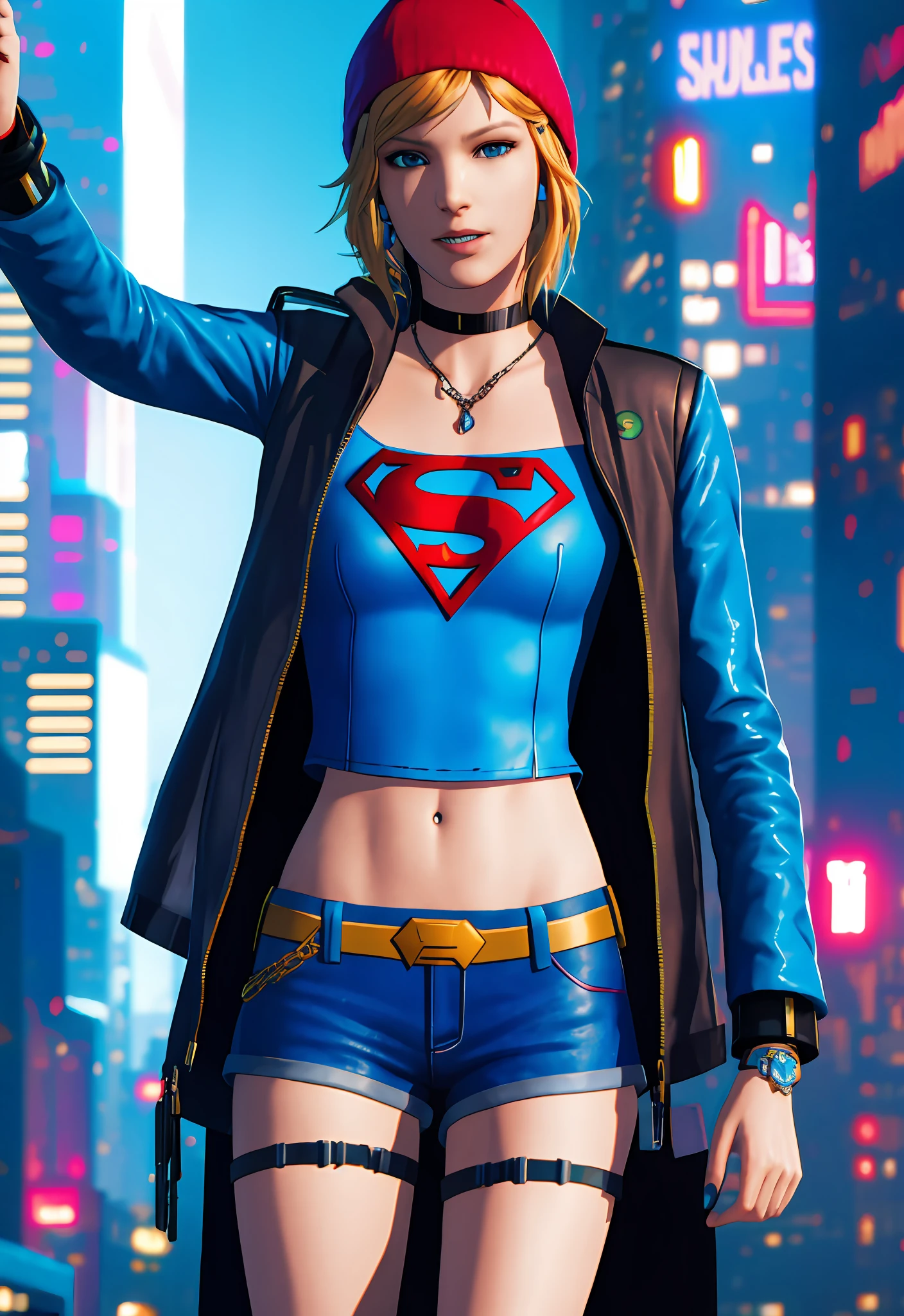 Cyberpunk supergirl, slim waist, ultra-detailed, masterpiece, high quality, cyberpunk city background, chloeprice, blonde hair, blue eyes, beanie, choker, tattos, superman s on chest, mini shorts.