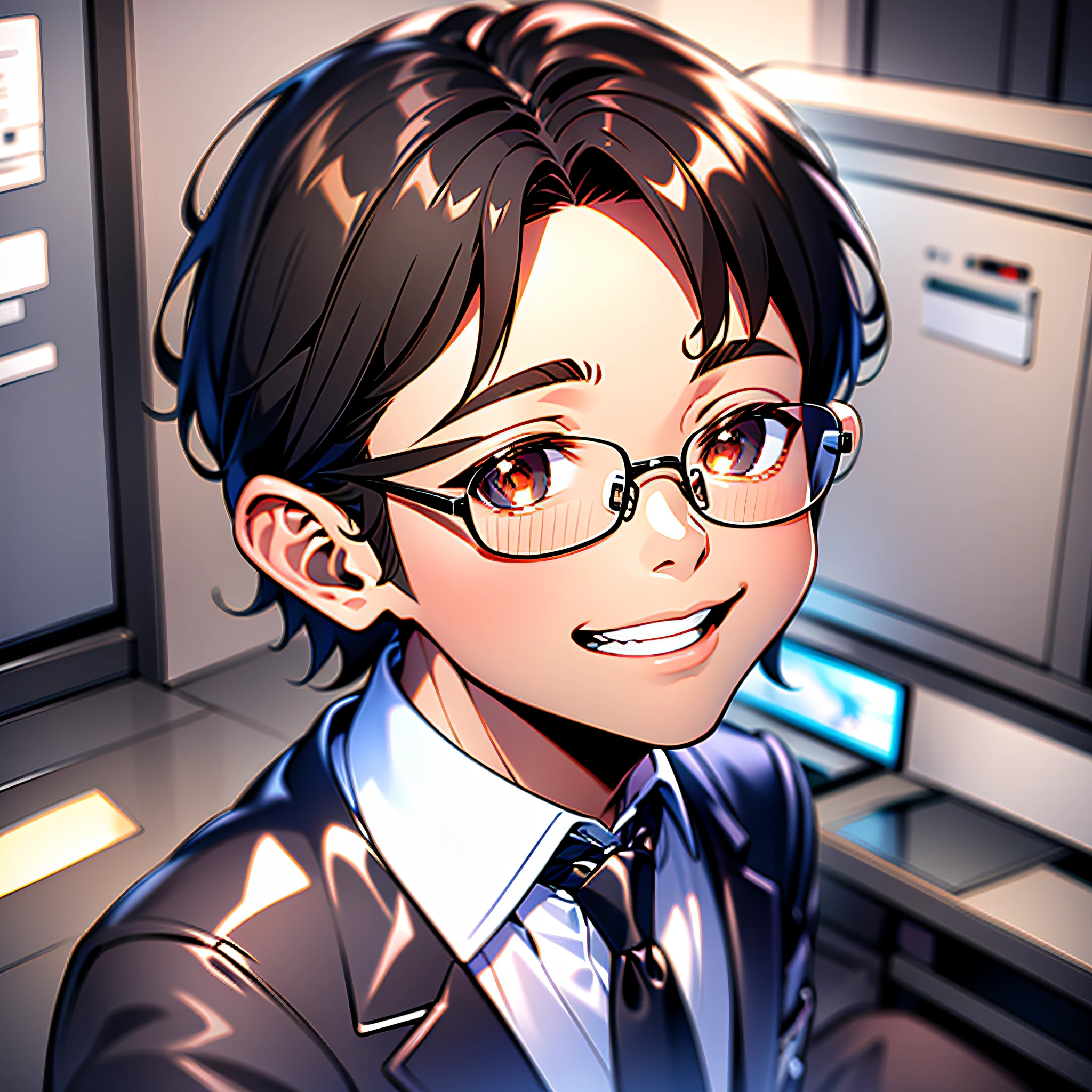 guttonerdvision3, drawing of a bespectacled boy, 3 years old, smiling, detailed face, in social clothing and tie, dark brown eyes, chibi style, in a television news environment, drawing by alex ross unreal engine