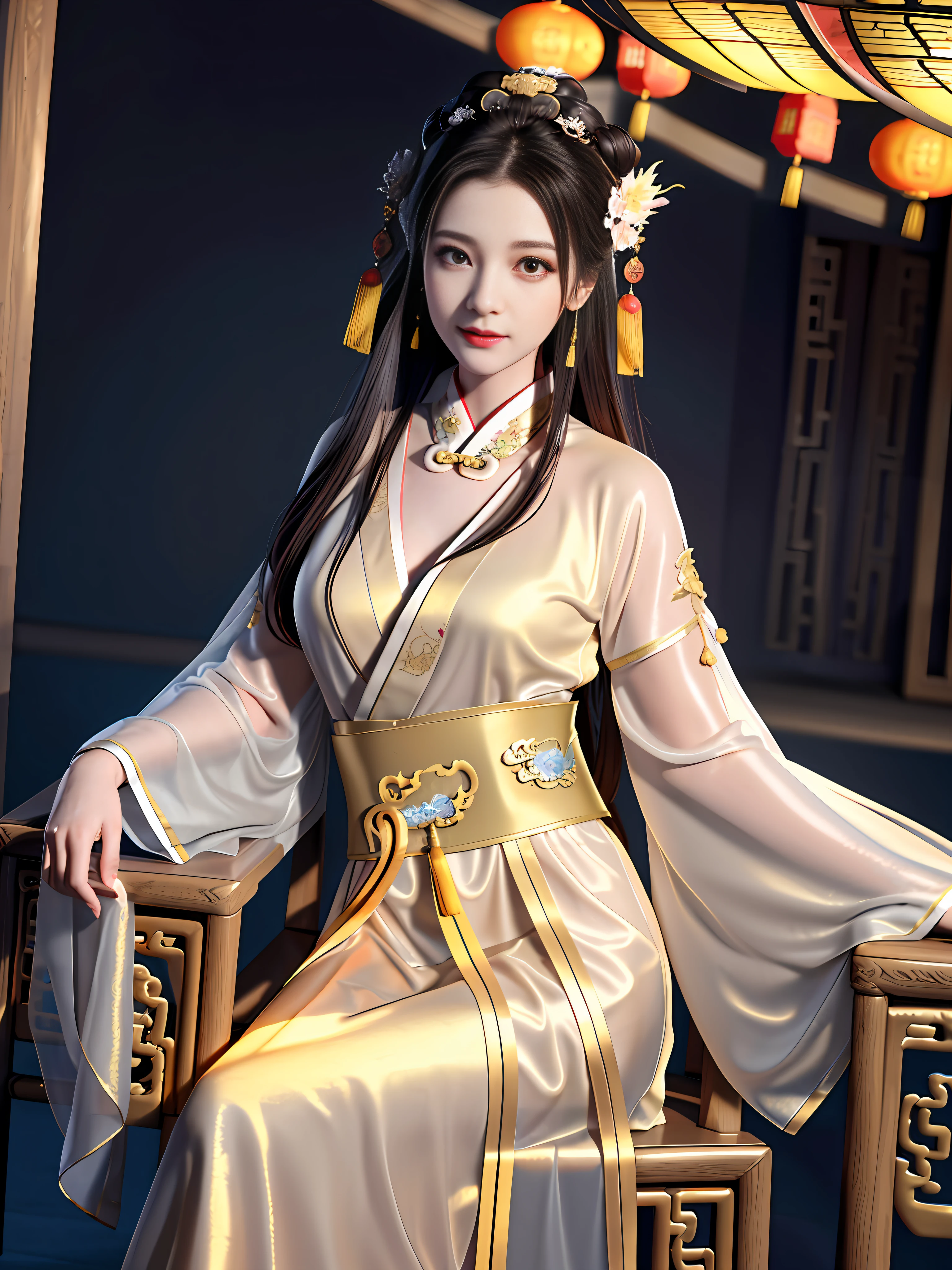 Best quality,masterpiece,high resolution,1 girl,(hanfu:1.2),(gold thread stitching:1.1),White translucent silk dragon robe,(Translucent Silk Dragon Robe:1.3),(Inside the ancient Chinese palace:1.2),(smile:1.1),lips,dress,(hair accessories:1.2),(Ancient Chinese dragon chair:1.3),necklace,(jewelry:1.1),long hair,Medium chest,earrings,delicate beautiful eyes,delicate eyelashes,beautiful face,upon_body,tyndall effect,(realistic:1.2),edge lighting,two-tone lighting,(high detail skin:1.2),8K UHD,DSLR camera,soft light,high quality,volumetric light,snapshot,(photo:1.1),high resolution,supreme,high resolution,detailed eyelashes,beautiful face,body,tyndall effect,two-tone lighting,(high detail skin:1.2),8k ultra high definition,soft light,high quality,volumetric lighting,candid shooting,(low angle shot:1.1),