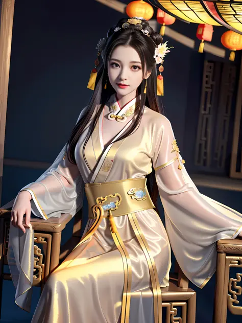 Best quality,masterpiece,high resolution,1 girl,(hanfu:1.2),(gold thread stitching:1.1),White translucent silk dragon robe,(Tran...