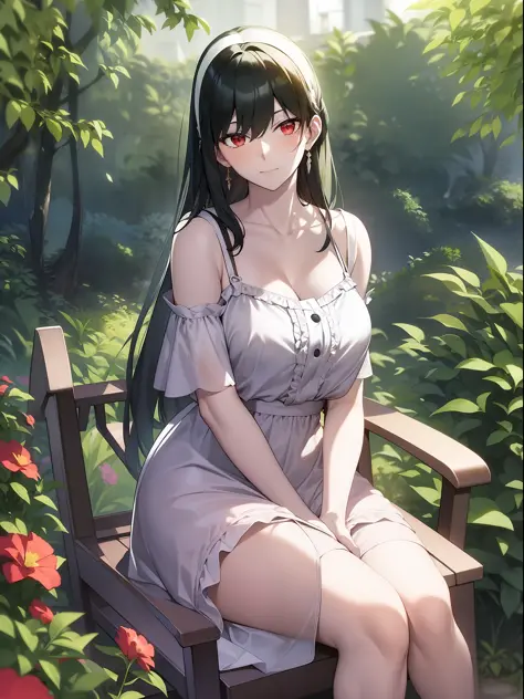 Yor Forger sitting in the garden, wearing summer clothes, red eyes, nice environment, super detailed, high quality