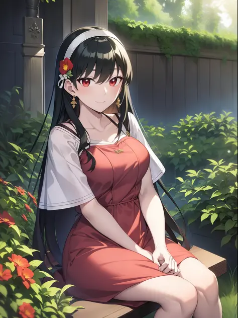 Yor Forger sitting in the garden, wearing summer clothes, red eyes, nice environment, super detailed, high quality