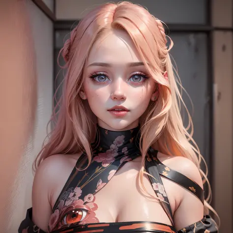 (8k, 4k, best quality, highres, ultra high res:1.1), (masterpiece, realistic, photo-realistic:1.1), 1girl, face, close-up, blonde hair with tips painted in pink, red, red lips, (looking at the viewer:2), absurdly long hair, long eyelashes, shadow, slightly...