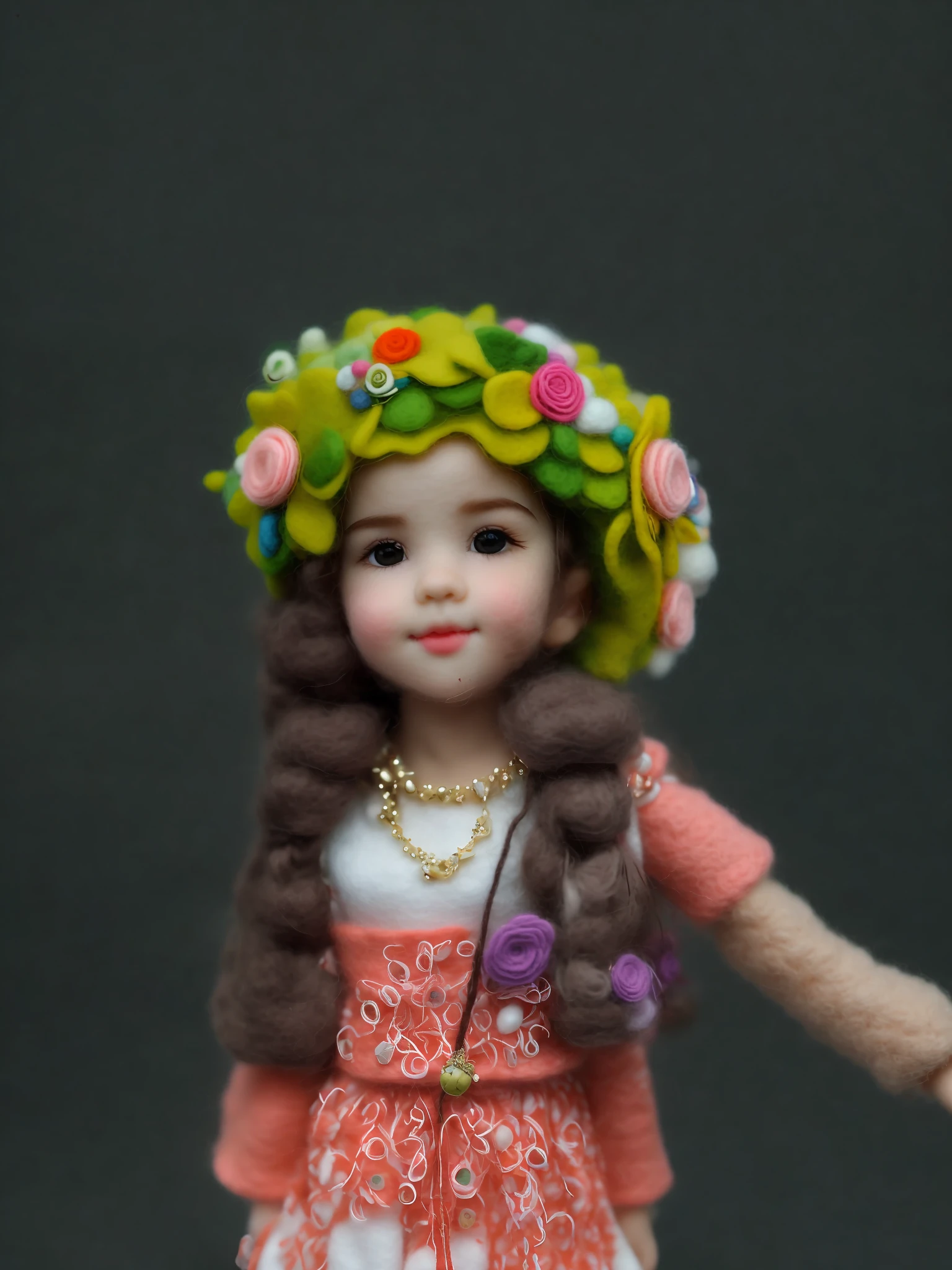 HD, (Best Details) (Best Quality), Meticulous facial features, There is a young girl wearing a flower crown and necklace, Spark, (((Felt))), dark face, handmade, plush toys, (mini wool style)