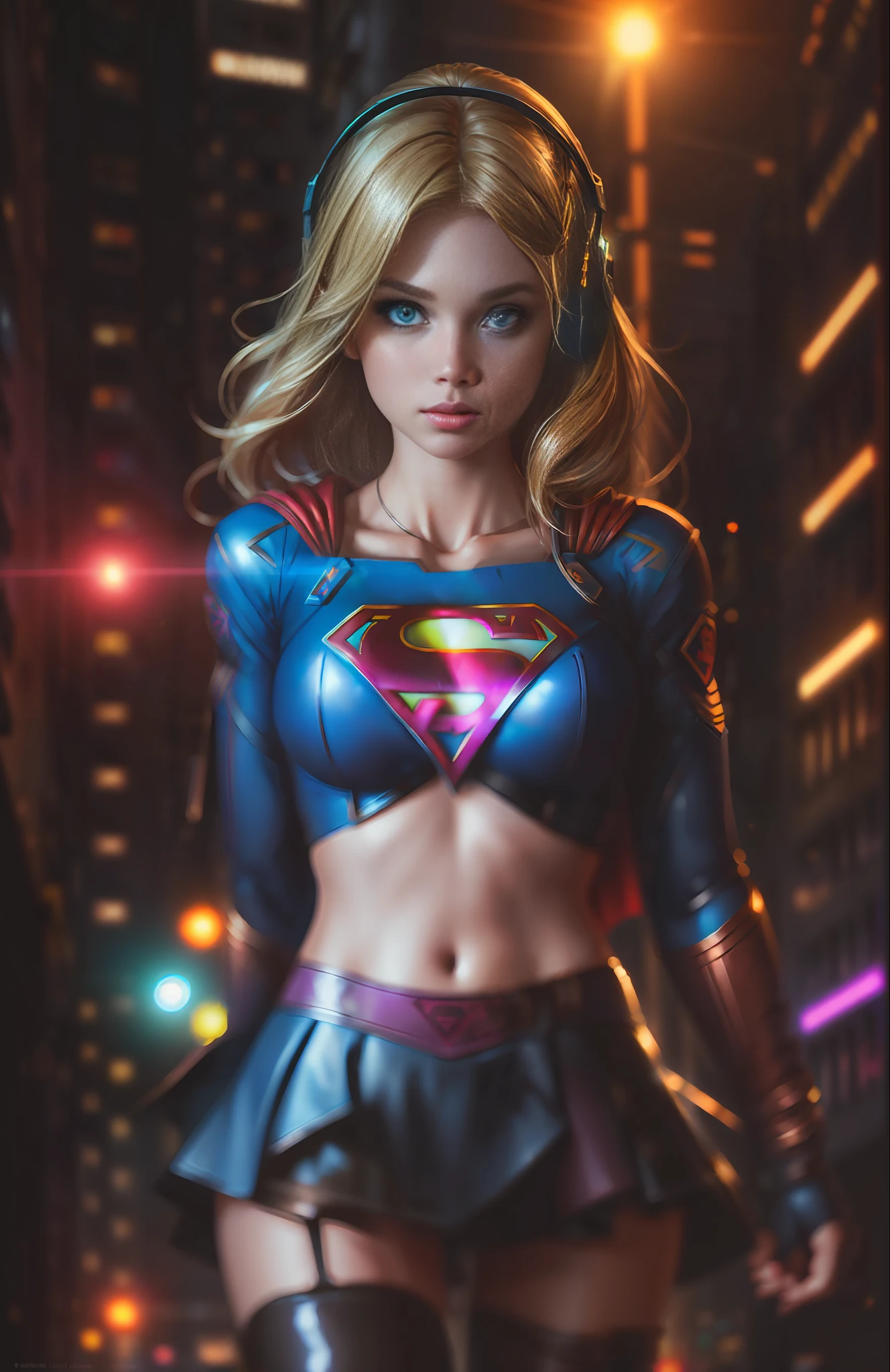 Best quality, realistic, blonde, award-winning Supergirl illustration, (complicated detail: 1.2), (fine detail), (complicated detail), (cinematic lights, best quality backlight), sharp lines, sharp focus, official art, unit 8k wallpaper, absurd, unbelievably absurd, huge file size, ultra- (in_main_street:1.21), (neon lamp), fantasy art, rtx,((triangle closeup photo by award-winning studio)),  1Supergirl, very pretty, (shut up), small breasts, ((Cyberpunk city Street, Battle Maiden)), perfect hands, beautiful detailed blue eyes, Perfect Face, (Cyberpunk blouse, leather jacket, Martin boots) ,,(headphones_around_hair),((pleated skirt) ), ((supermodel pose)),