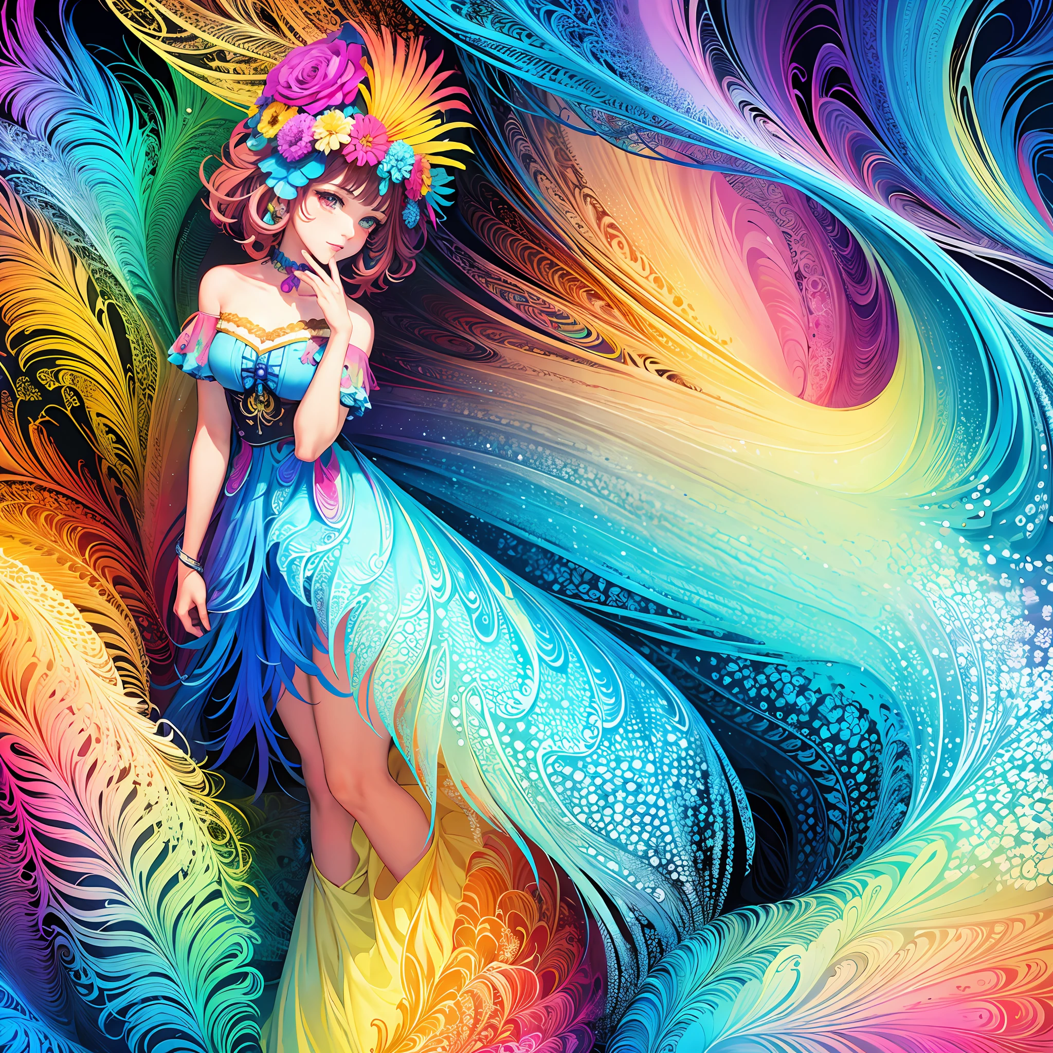 colorful flowers, feather, (masterpiece, top quality, best quality, official art, beautiful and aesthetic:1.2), (1girl:1.3), (fractal art:1.3),