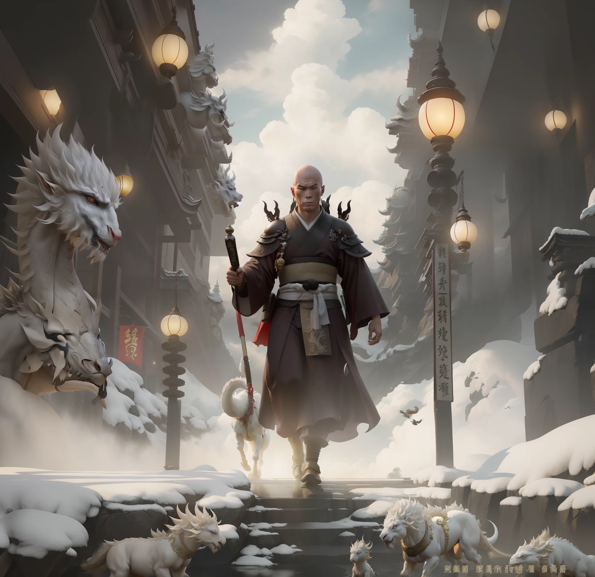 A bald young male monk, a bald male monk in a cassock, walked through the street with a Zen staff, there were white dragon horses, auspicious clouds, a pair of bright eyes, full of wisdom. Yang J, Zhu Feng, Andreas Rocha style, Titi Luatong, Victor Wang, conceptual art | Zhu Feng, Zeng Jing, Wu Baiyard, Yang Jin, Ren Xiong, Ju Chao Tang Monk. The monk of the Tang Dynasty, with a resolute face, holding a Zen staff and a white dragon horse, walked forward, with magnificent and auspicious clouds in the background