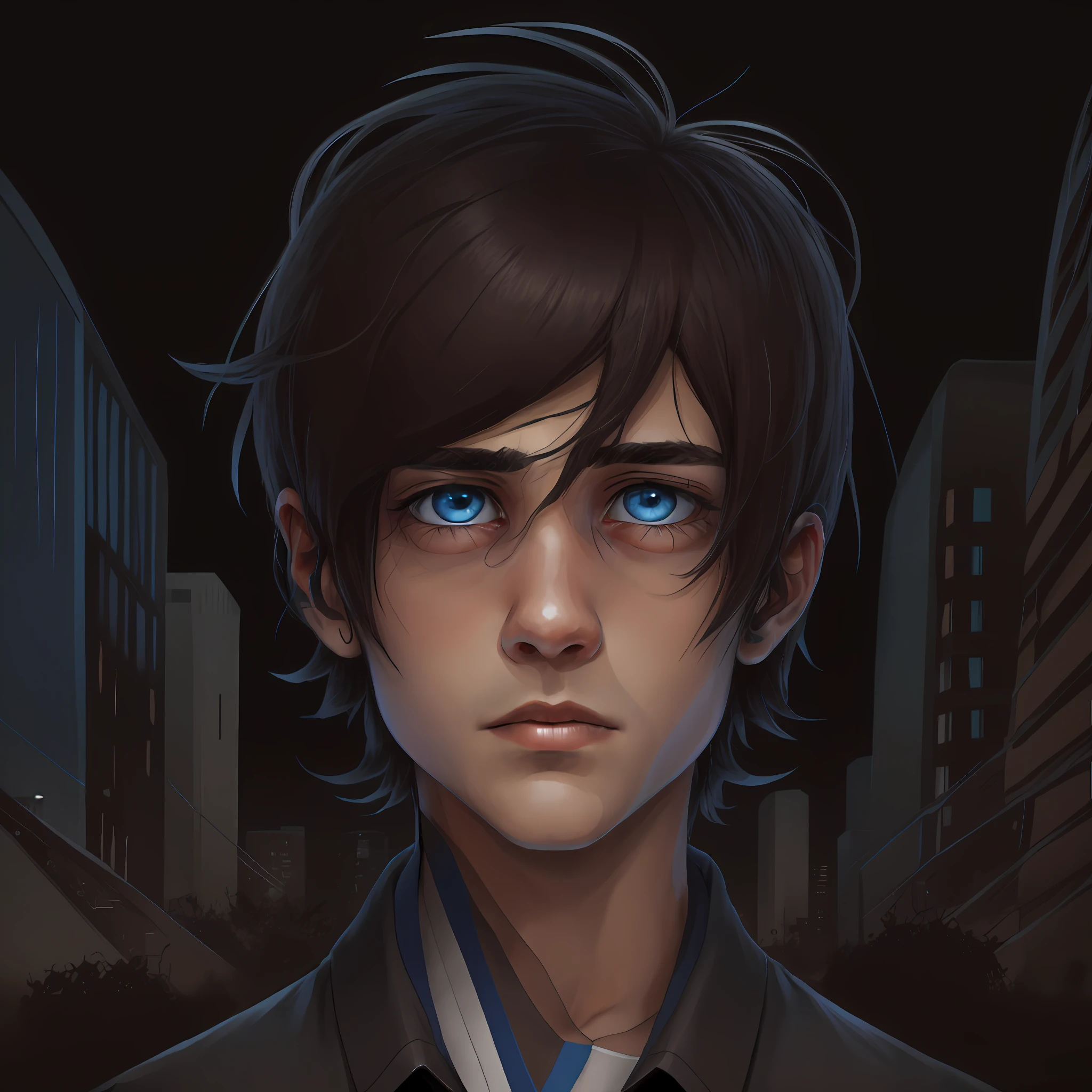 Young teenager with messy dark brown hair, messy hair, tired look, sad look, dark circles, blue eyes, depressive, , dark, anemic, black modern clothes, 2d character, young boy