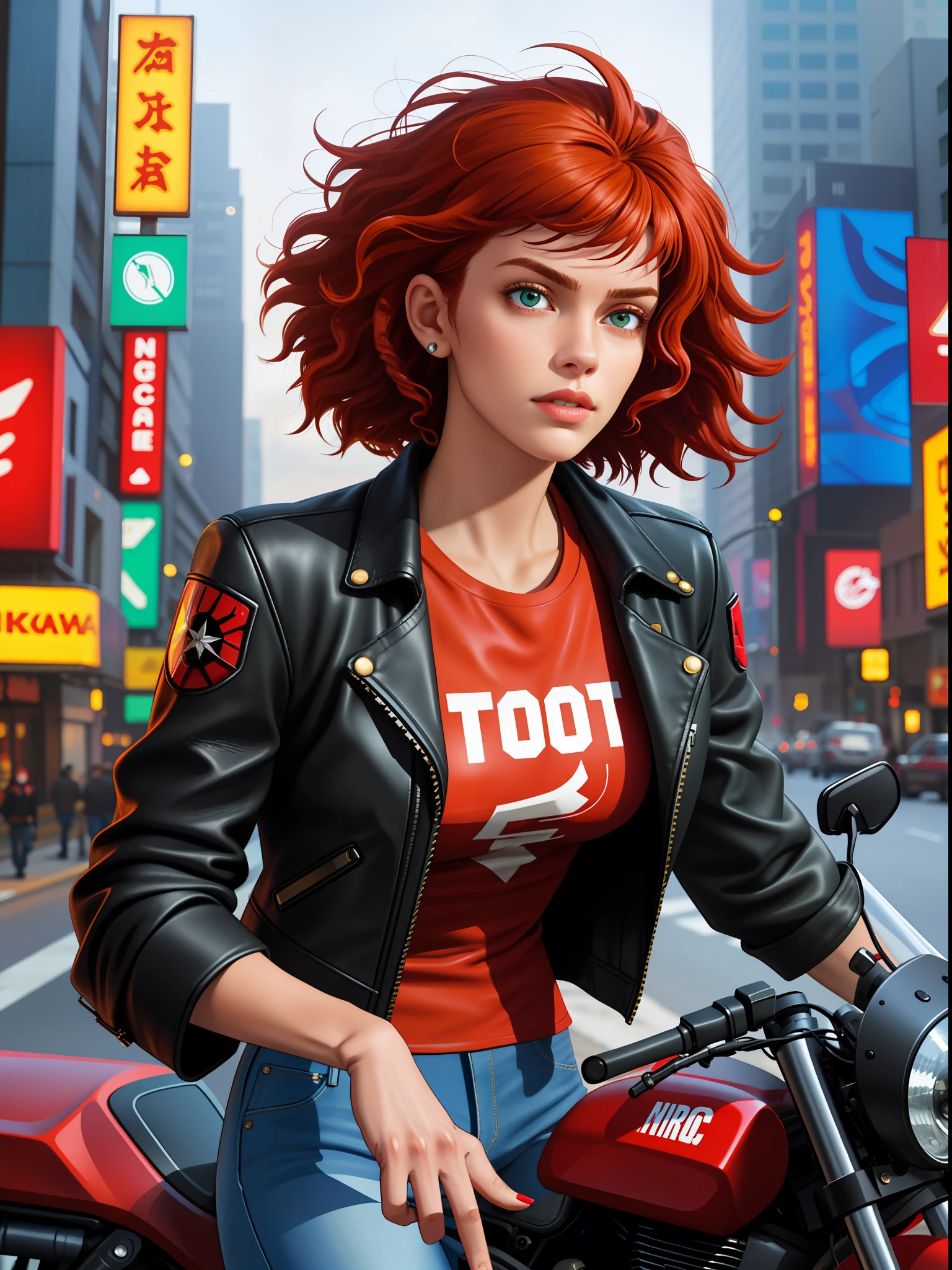 masterpiece, best quality, high quality, realistic, detailed lips, detailed face, detailed eyes, 1girl, leather jacket, red t-shirt, jeans, neon lights, cyberpunk, cyberpunk, riding motorcycle, punk curly hair, red hair, short hair, hair blowing in wind, moving fast, city road, realistic, detailed face, detailed skin, detailed lips, masterpiece, high quality,