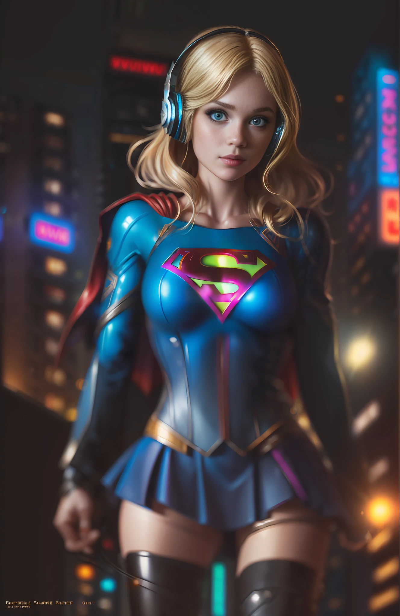 Best quality, realistic, blonde, award-winning Supergirl illustration, (complicated detail: 1.2), (fine detail), (complicated detail), (cinematic lights, best quality backlight), sharp lines, sharp focus, official art, unit 8k wallpaper, absurd, unbelievably absurd, huge file size, ultra- (in_main_street:1.21), (neon lamp), fantasy art, rtx,((triangle closeup photo by award-winning studio)),  1Supergirl, very pretty, (shut up), small breasts, ((Cyberpunk city Street, Battle Maiden)), perfect hands, beautiful detailed blue eyes, Perfect Face, (Cyberpunk blouse, leather jacket, Martin boots) ,,(headphones_around_hair),((pleated skirt) ), ((supermodel pose)),